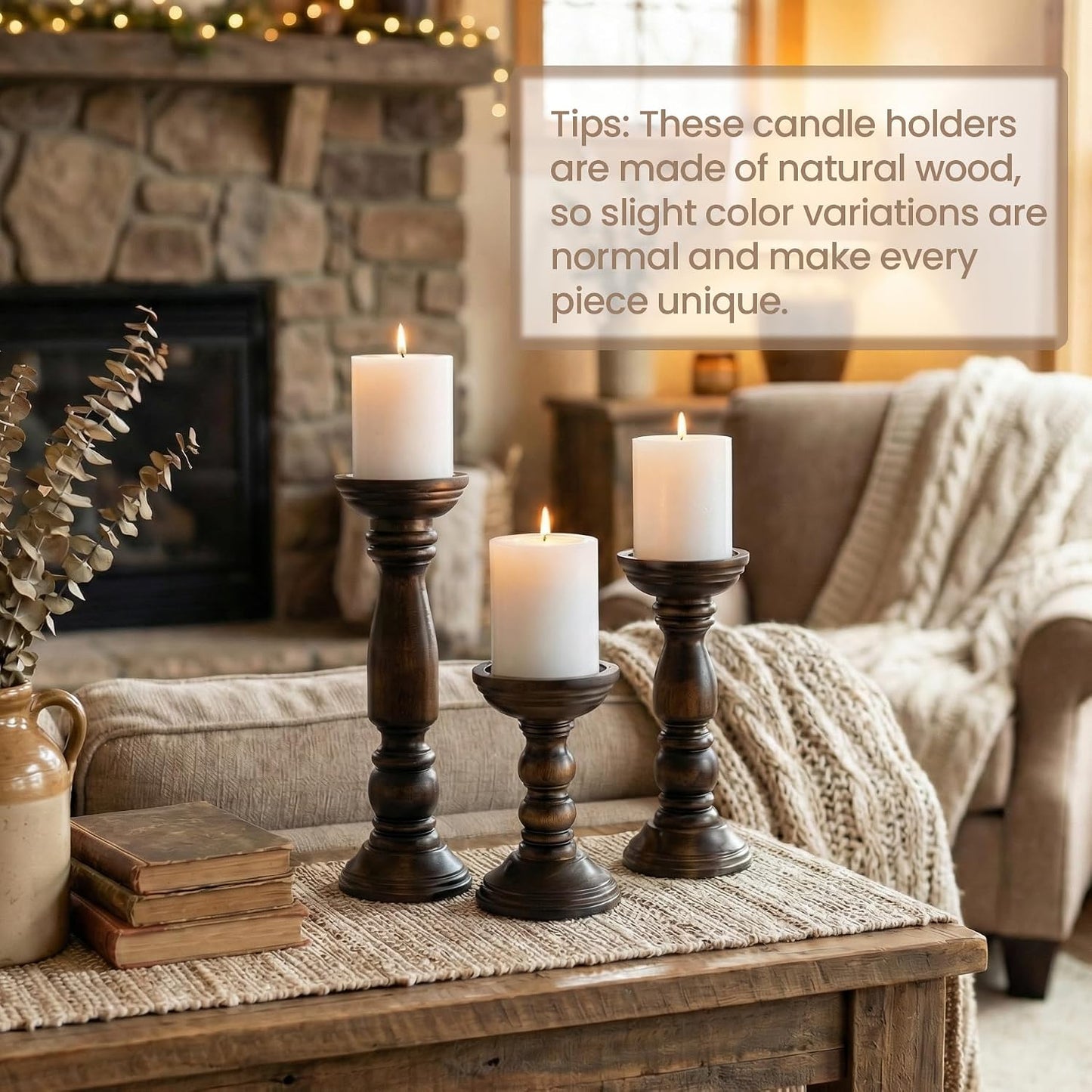 BANOMII Farmhouse Wooden Candle Holders for Pillar Candles Set of 3, Rustic Wood Candle Holder Table Centerpiece Decor