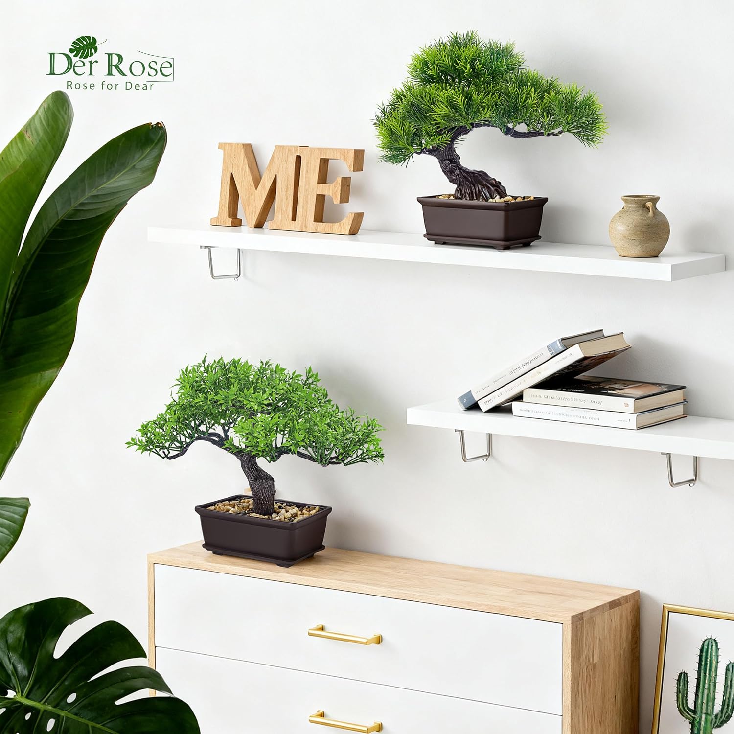 Small Fake Plants Artificial Bonsai Tree Set Ficus and Cedar / Square Pot Bonsai / Set of 2