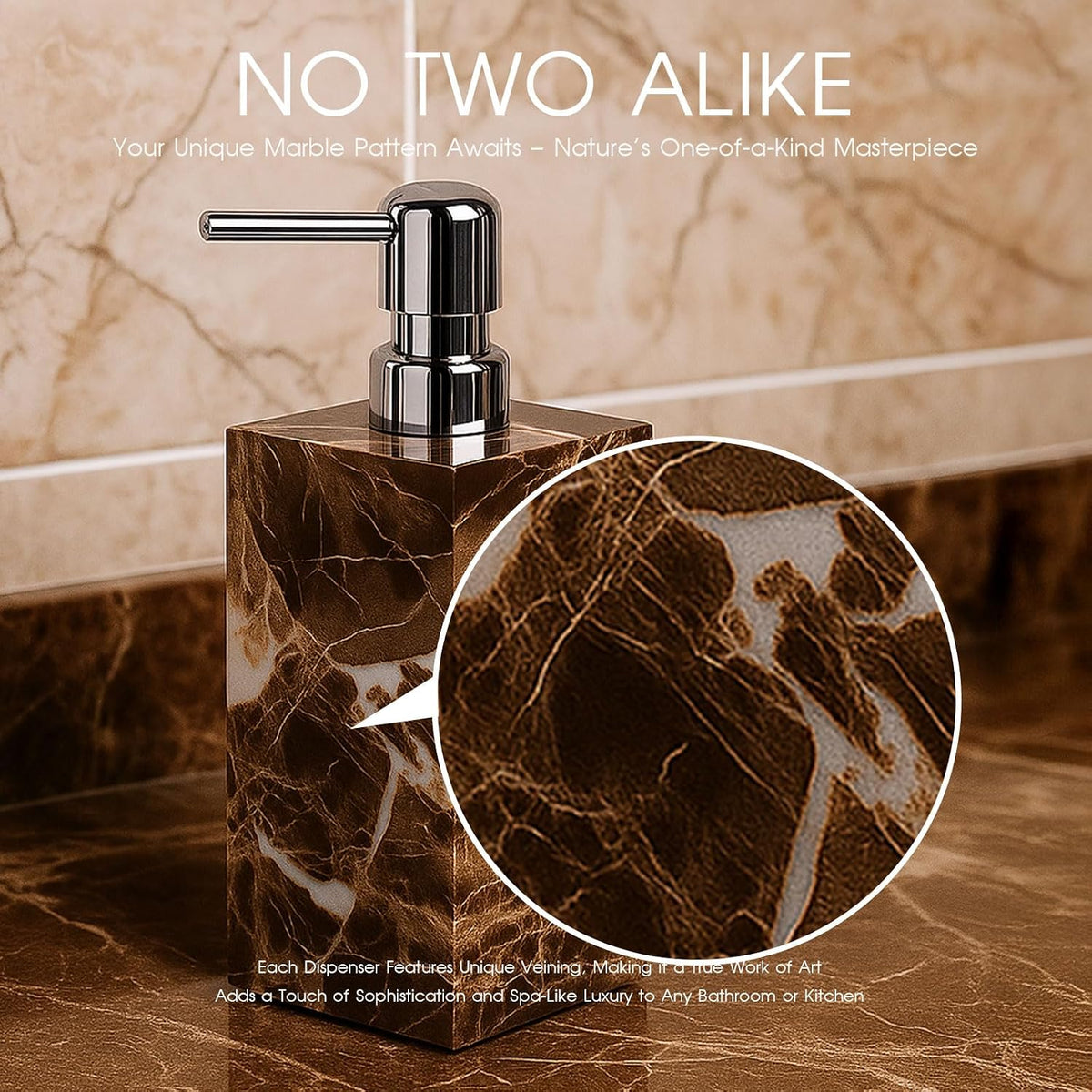 2 Pack Real Natural Marble Soap Dispenser with Stainless Steel Pump Decorative Liquid Hand Soap Bottle for Kitchen