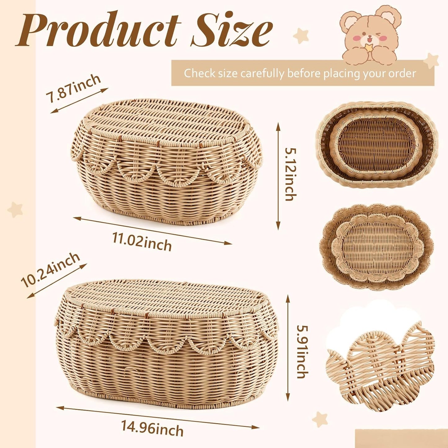 Scalloped Rattan Baskets / Natural / Small, Medium / Set of 2