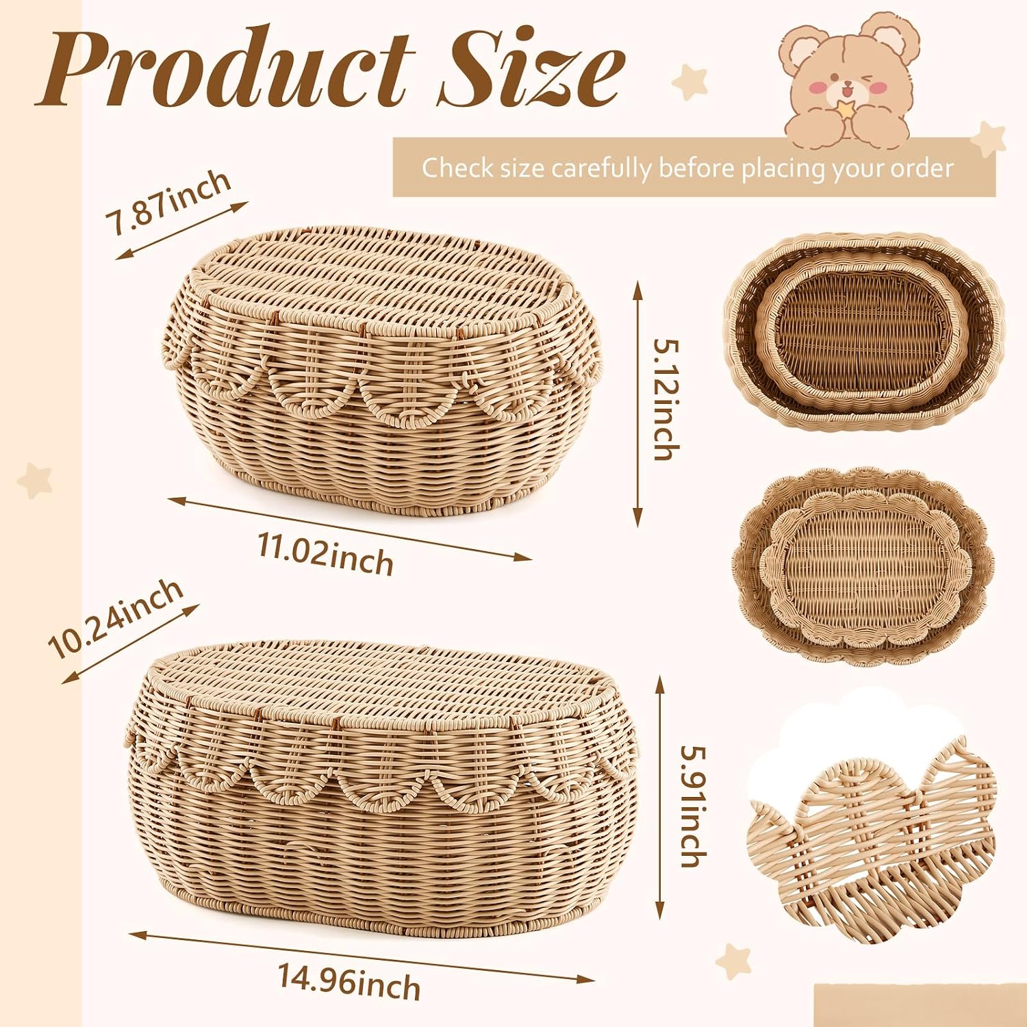 Scalloped Rattan Baskets / Natural / Small, Medium / Set of 2