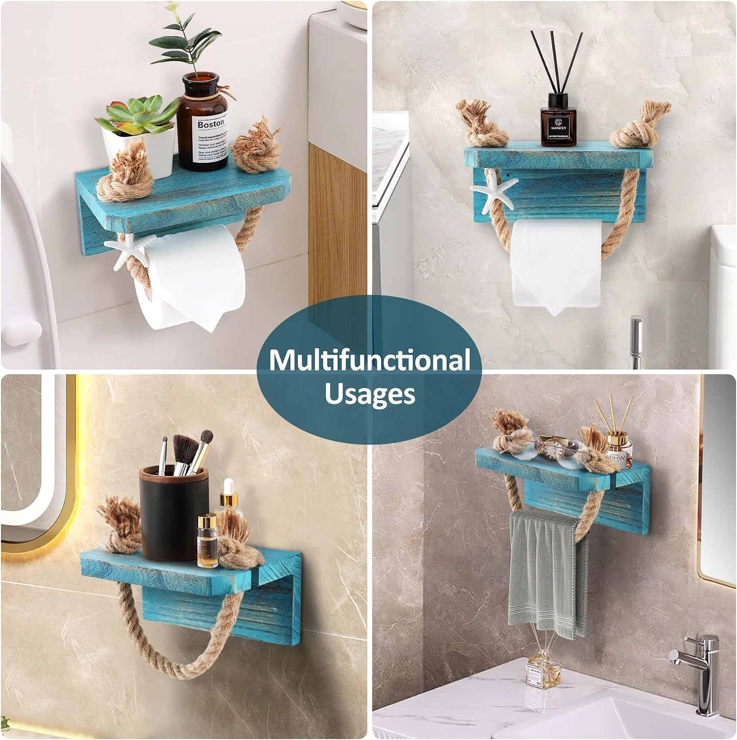 Nautical Rope Toilet Paper Holder Beach Farmhouse Bathroom Decor | Pre-Assembled Wall Mounted Coastal Ocean Starfish