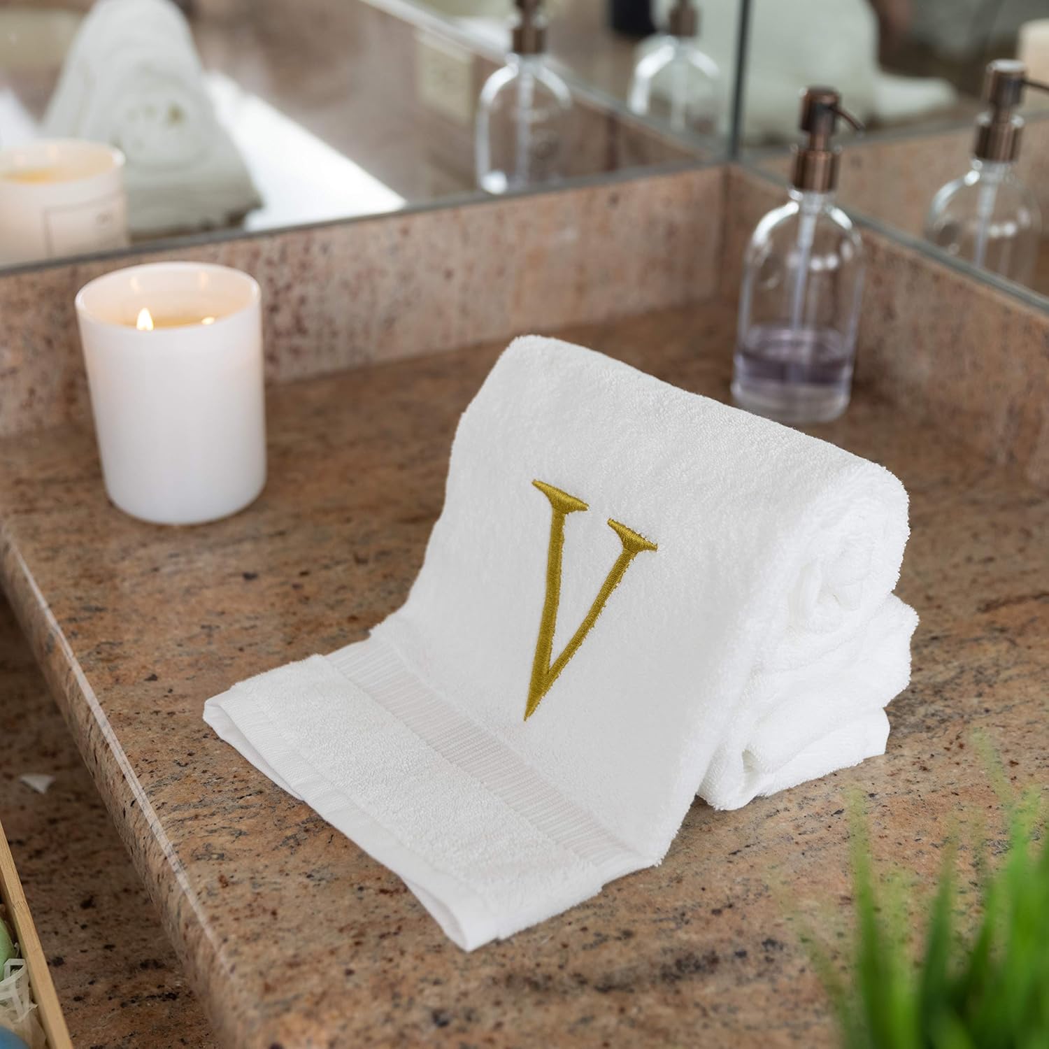 White with Gold Monogrammed Hand Towels for Bathroom - Set of 2 Letter V | Luxury Hotel Quality Initial Towels For