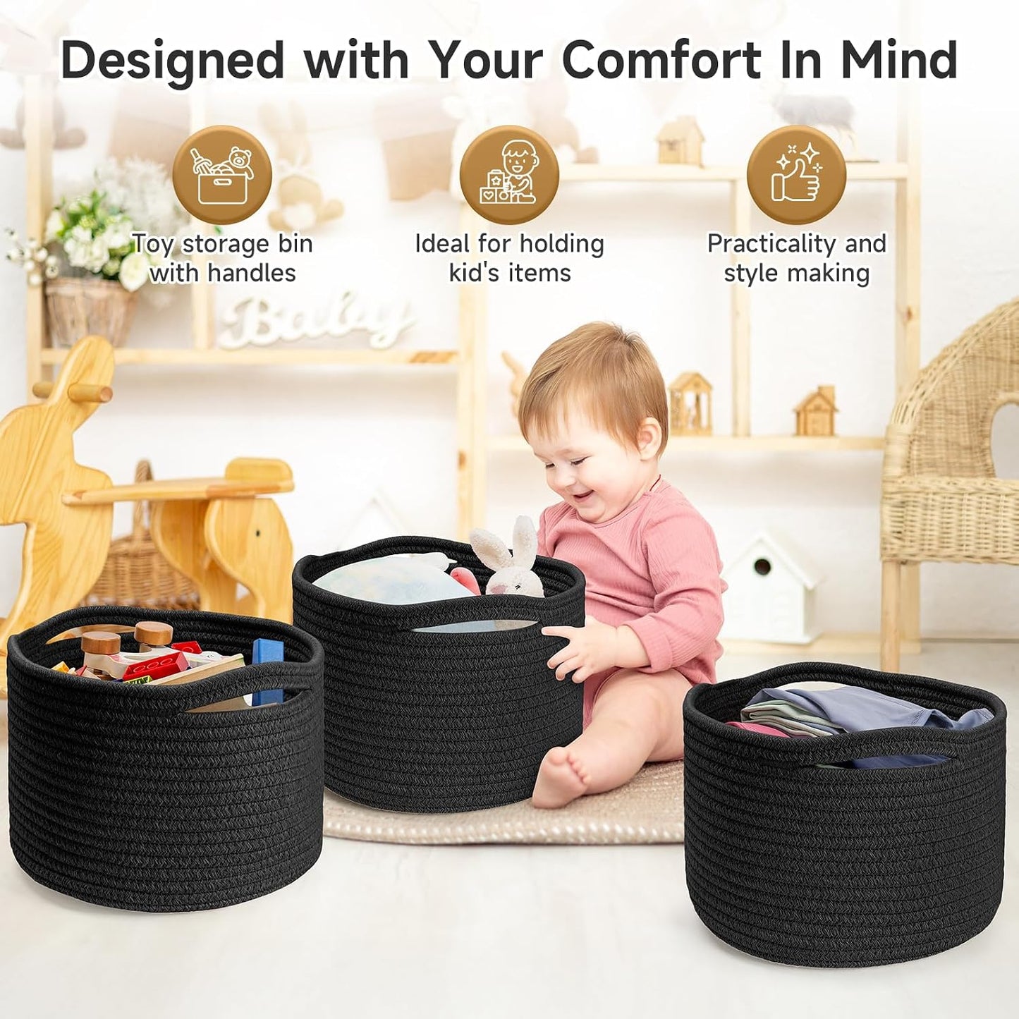 Round Woven Basket / Black / Set of 3