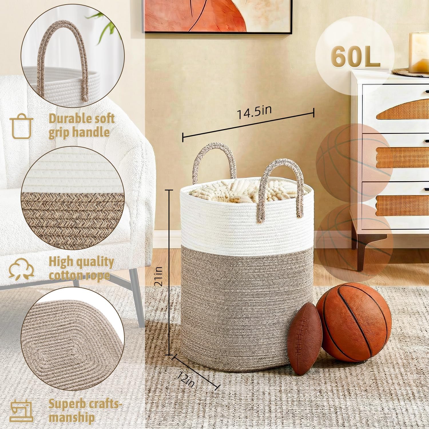 Laundry Basket / Woven Cotton Rope Laundry Hamper / 60L / Brown