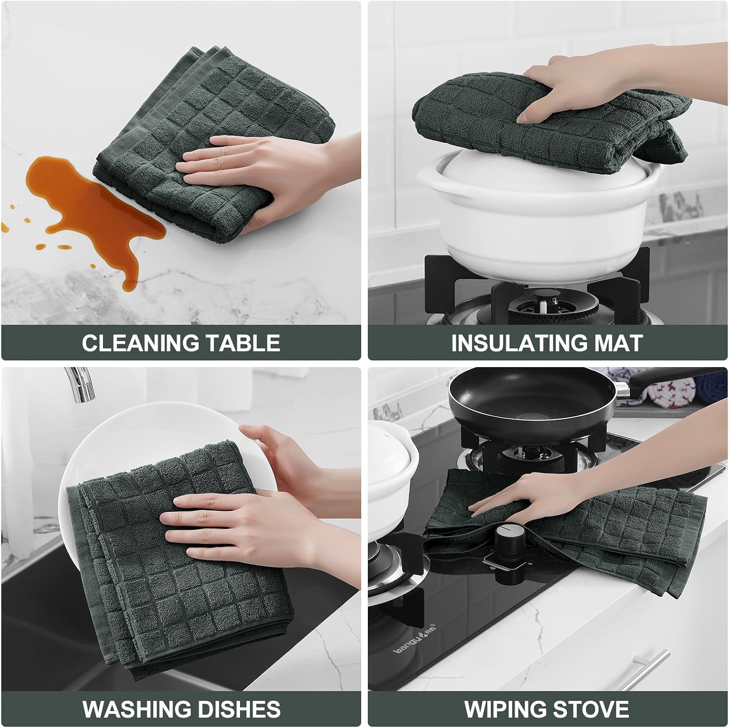 Homaxy Large Premium Cotton Kitchen Towels 16"x 28", 12 Pack, Dark Green | Natural Ring Spun 390 GSM Dish Towels, Super