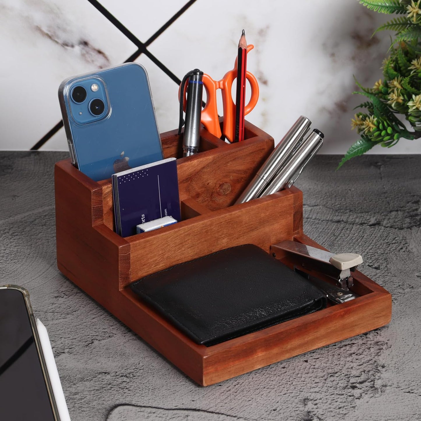 Acacia wood desk organizer and card holder | 5 compartments | Keep pens, remotes, phone, wallets, office desk