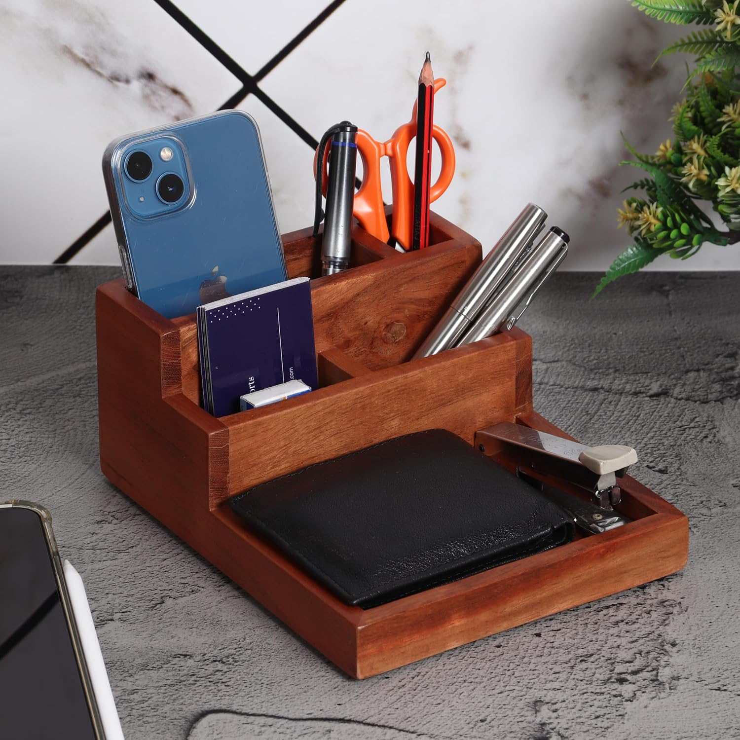 Acacia wood desk organizer and card holder | 5 compartments | Keep pens, remotes, phone, wallets, office desk