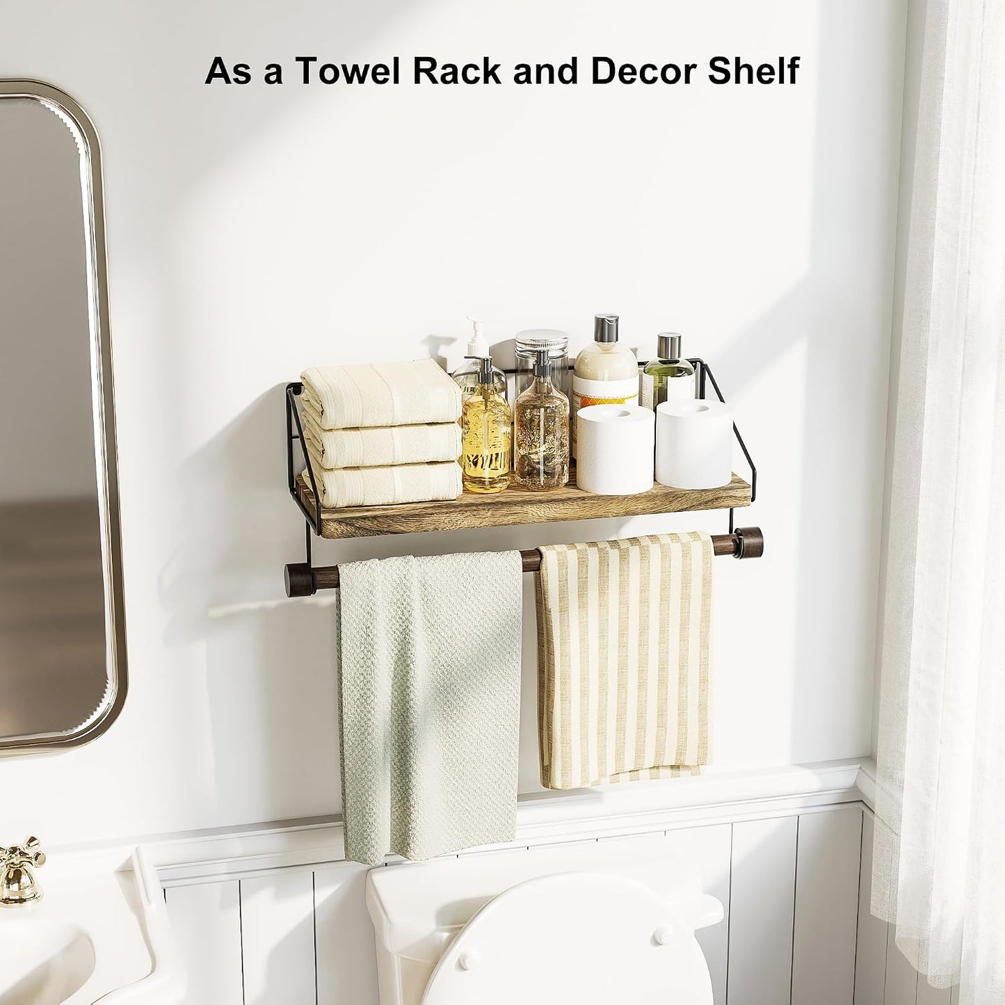 Alsonerbay Floating Shelf for Wall with Wooden Towel Bar, Carbonized Black | 8 removable hooks, rustic finish