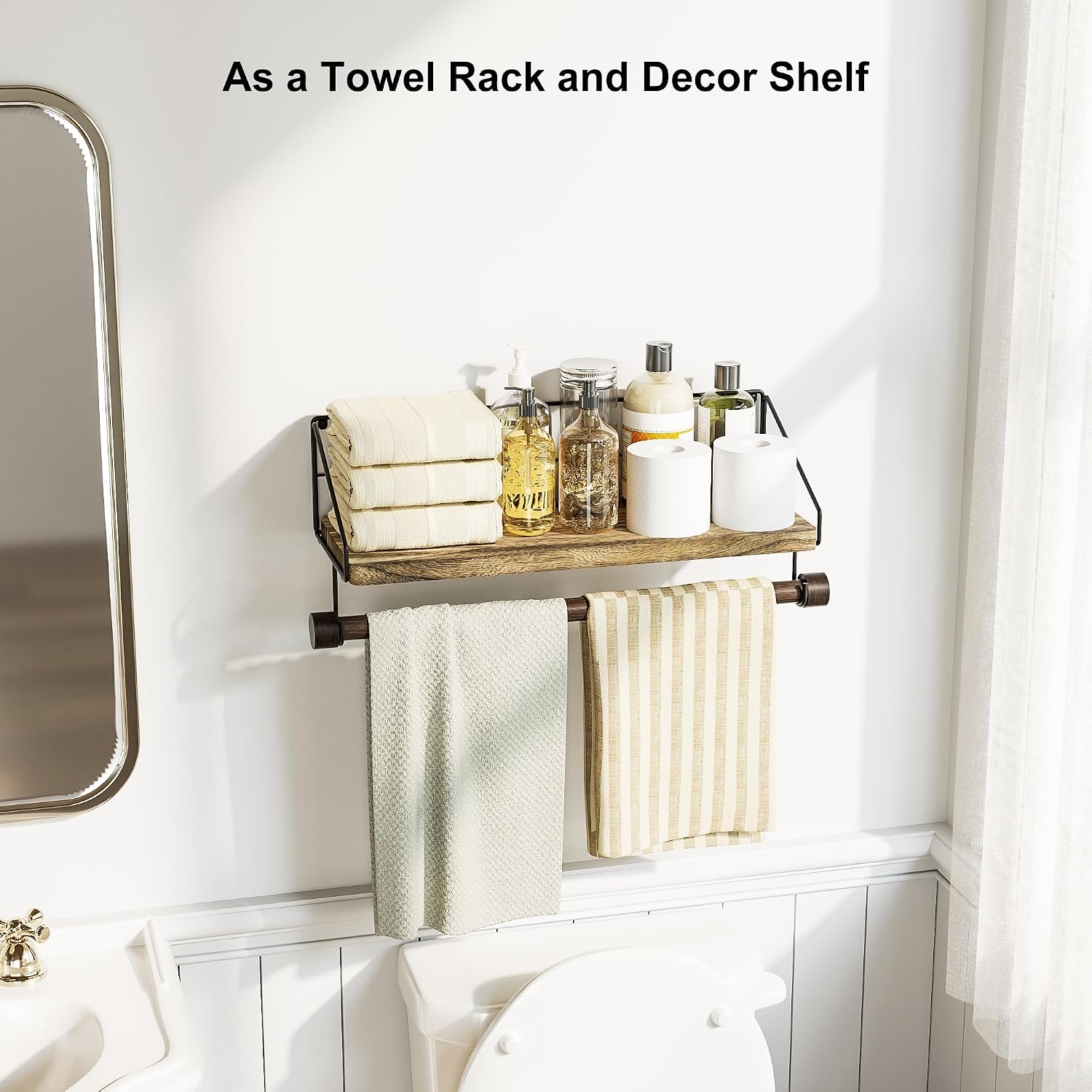 Alsonerbay Floating Shelf for Wall with Wooden Towel Bar, Carbonized Black | 8 removable hooks, rustic finish