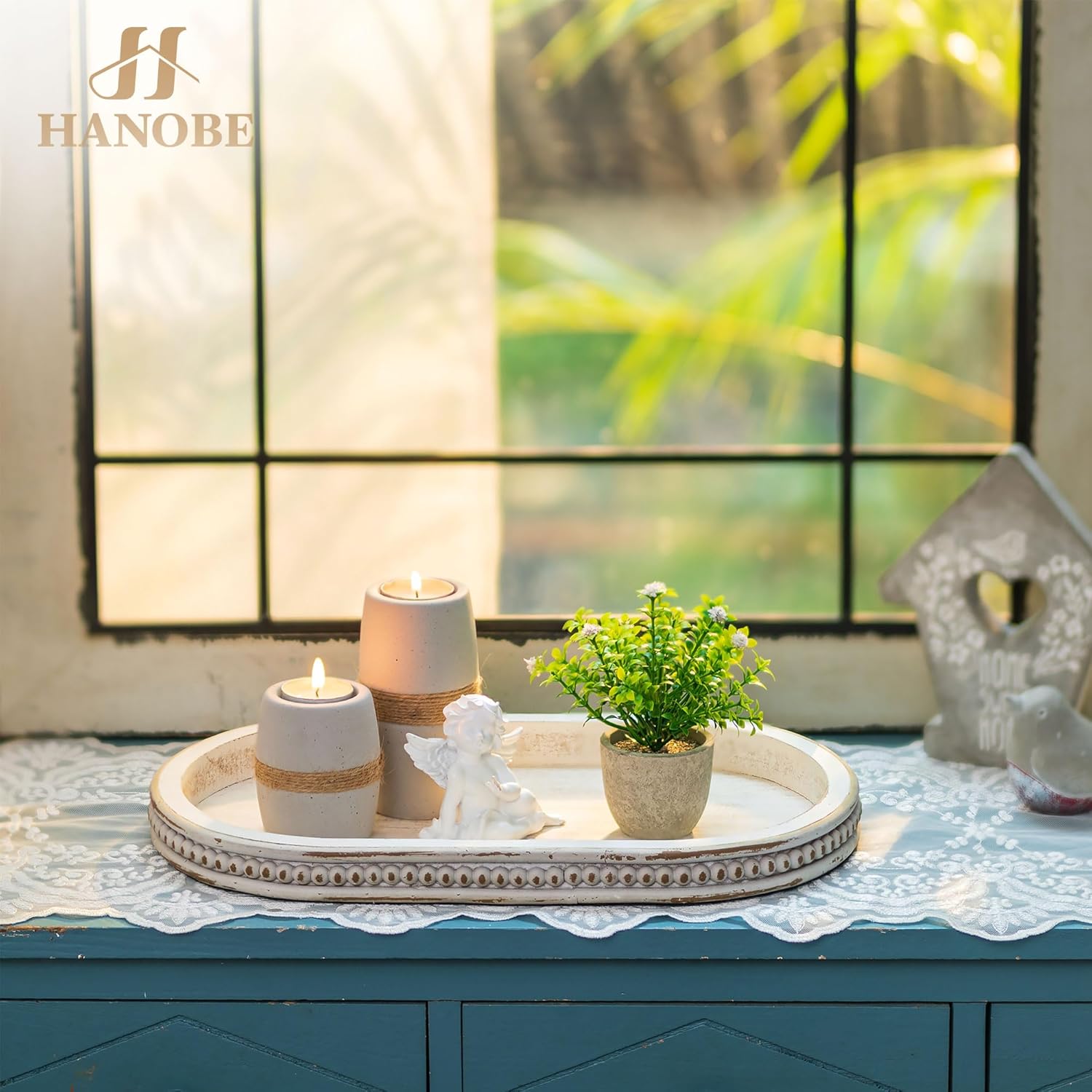 Oval Centerpiece Tray Wood for Farmhouse Entry Table Decor Round / Oval Whitewash / White