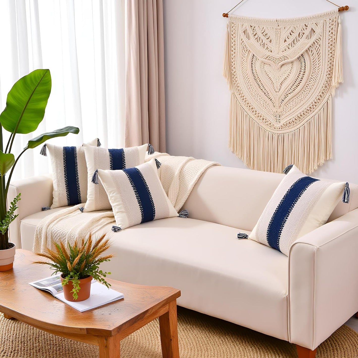 Tassels Boho Throw Pillow Covers Neutral Coastal / Navy Blue Single Stripe / 18 x 18 / Set of 2