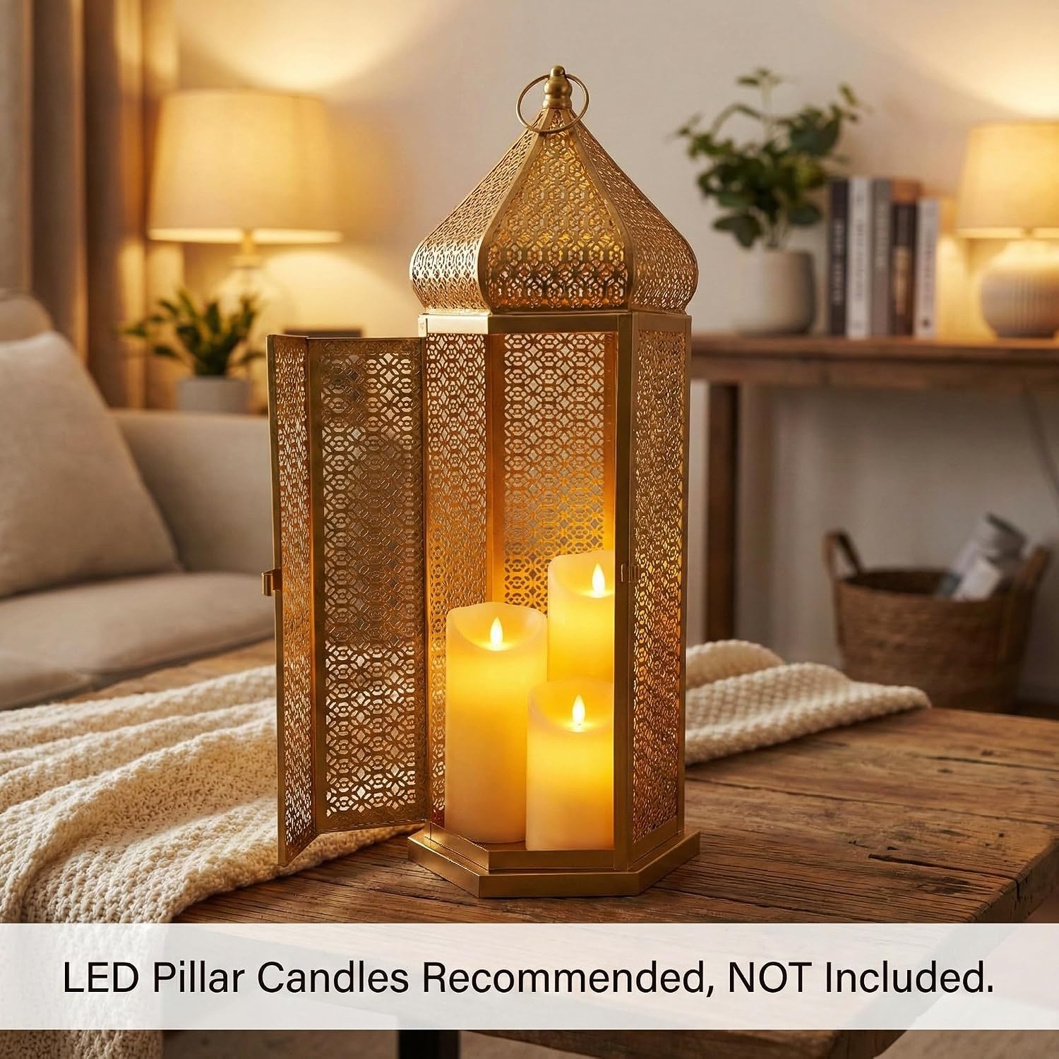 Vela Lanterns Decorative Indoor Gold Moroccan Floor Lantern, Extra Large | Big Moroccan Candle Holder Lamp, Golden