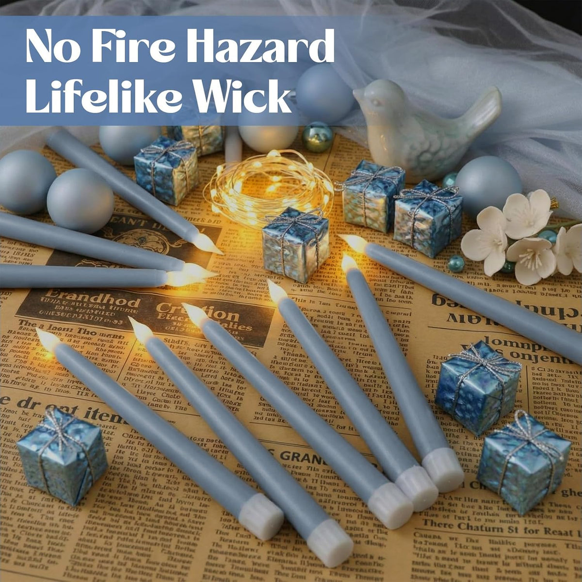 Macarrie 24 Packs Flameless Taper Candles Battery LED 11",Haze Blue | Fake Candlelight Flameless Candlesticks