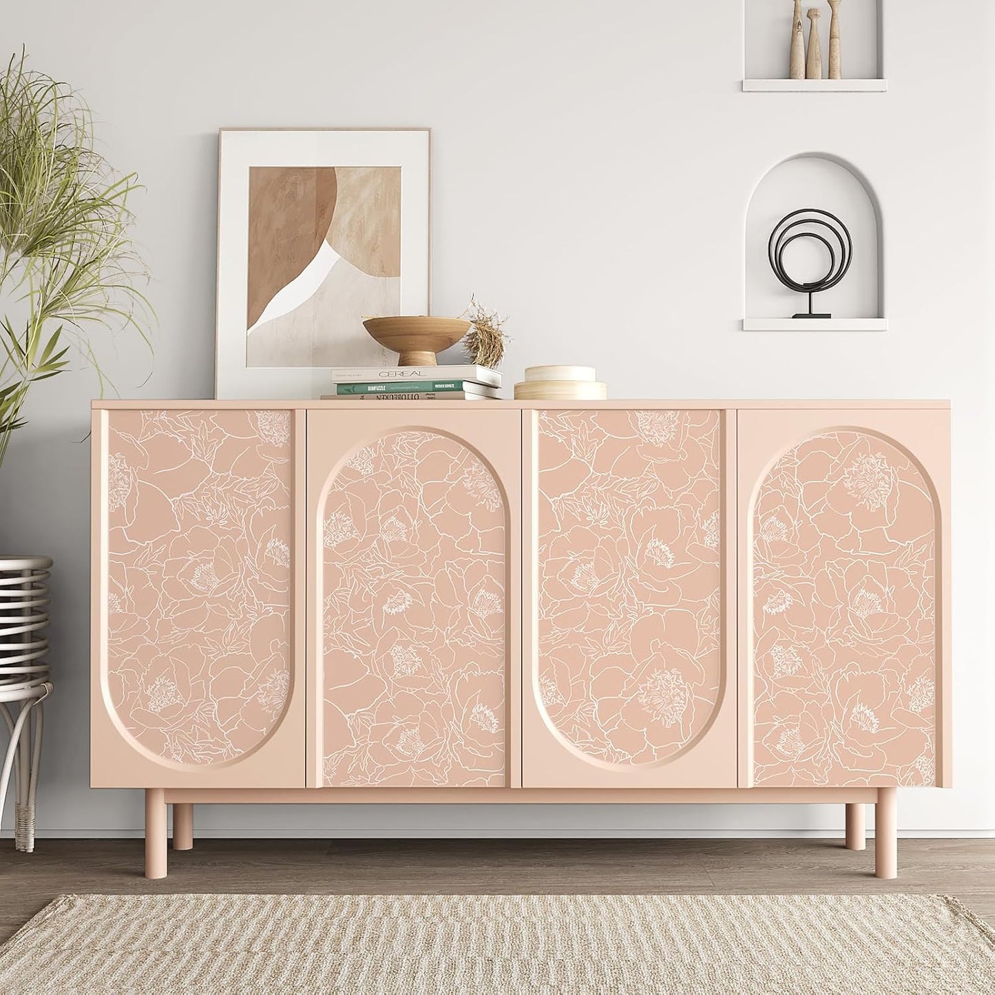 Sketch Floral Wallpaper Boho Vintage Peonies Floral Peel and Stick Wallpaper / 17.7 x 118 / Peach