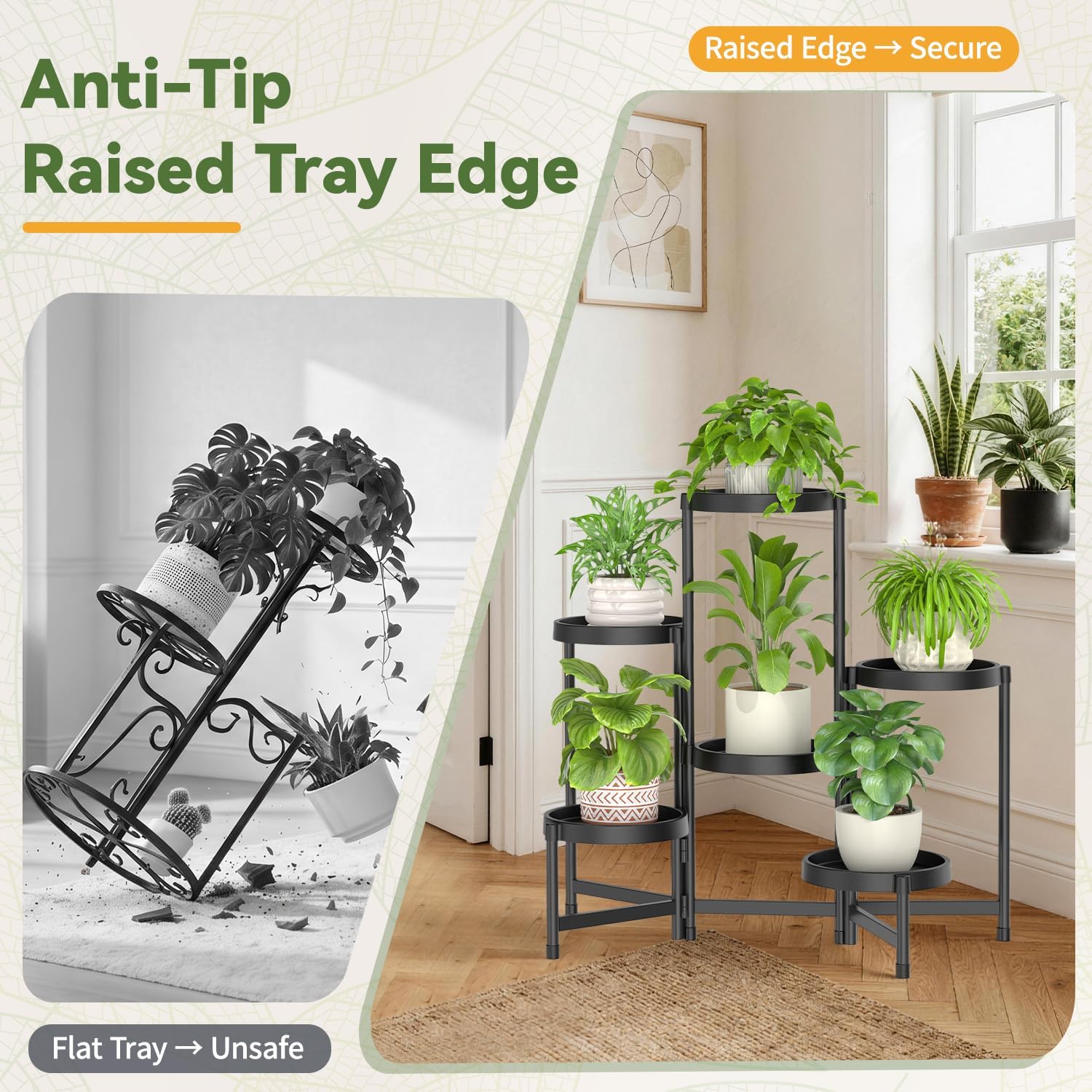LASZOLA Plant Stand Indoor Outdoor Tall With Grow Lights, 6 Tiers Black | Corner Folding Flower Display Rack, with