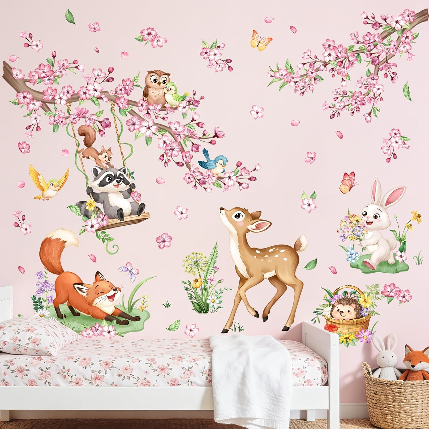 Woodland Animal Wall Decals Cherry Blossom Flower Tree Branch Deer Fox Wall Stickers for Girls Room