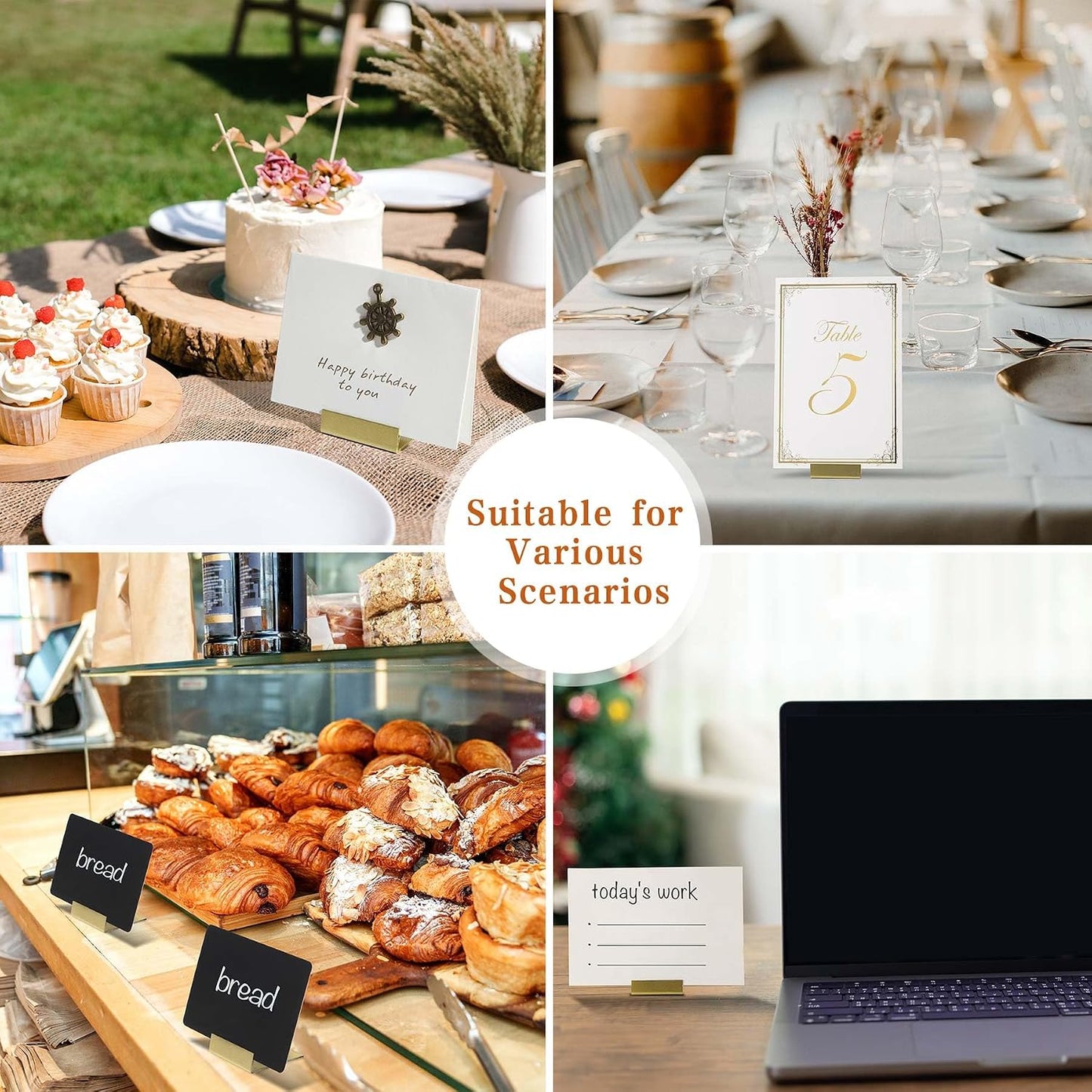 Gold Table Number Holders, Metal Place Card Stands & Picture Holders | 24-Pack with Storage Box, L-Shaped Metal Card