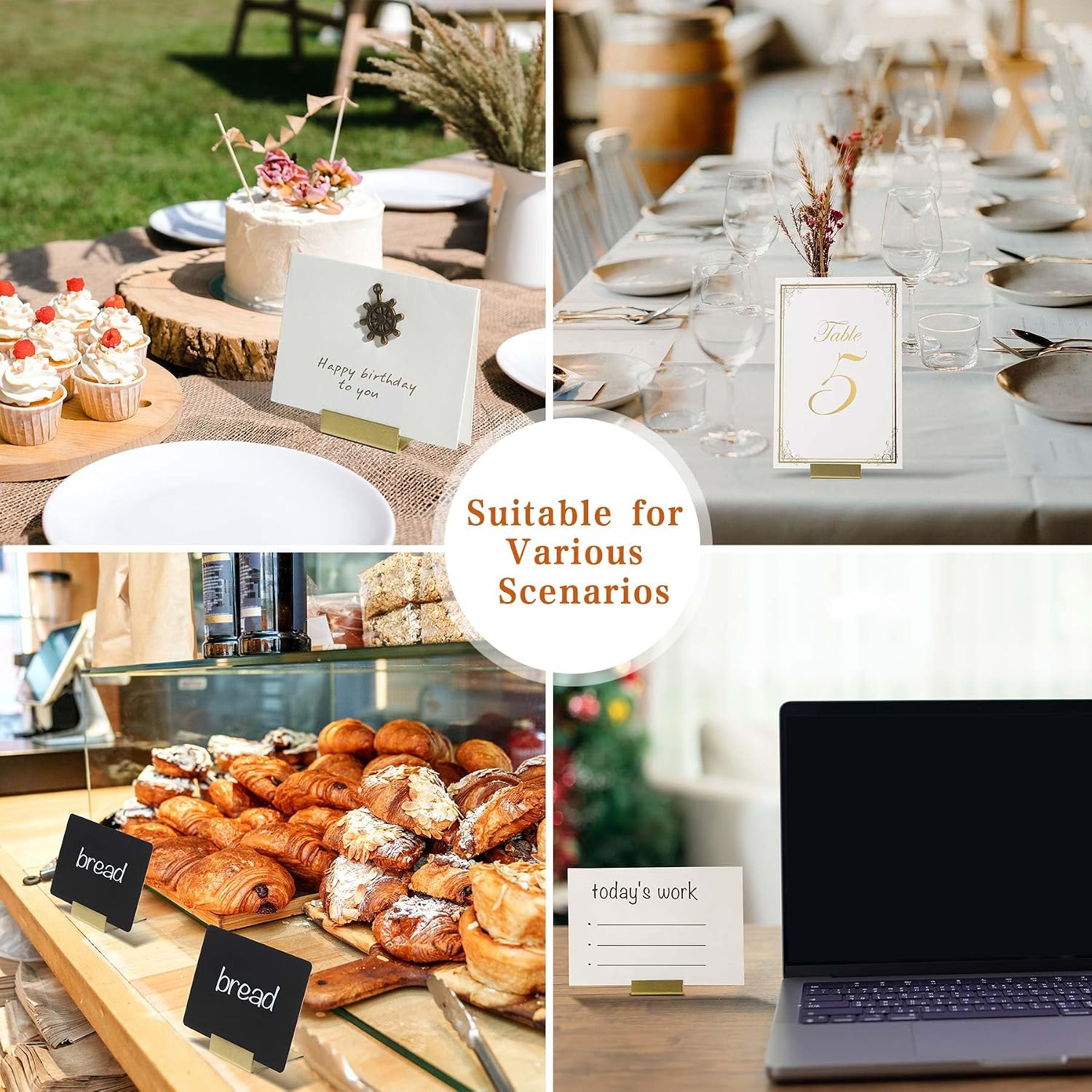 Gold Table Number Holders, Metal Place Card Stands & Picture Holders | 24-Pack with Storage Box, L-Shaped Metal Card
