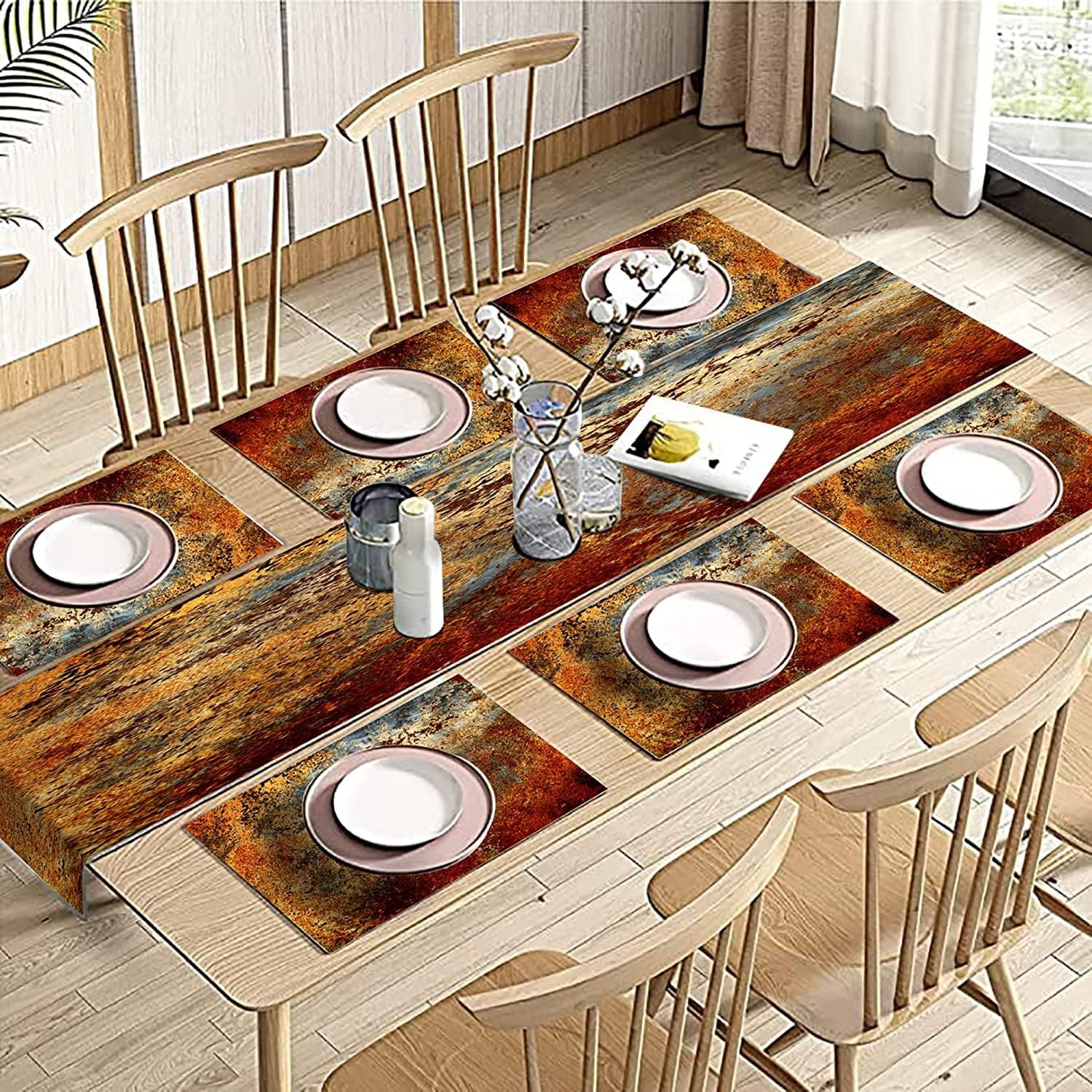 Brown Rust Table Runner and Placemats Set of 6, Linen 90" Long | Abstract colorful rusty metal style. Washable linen