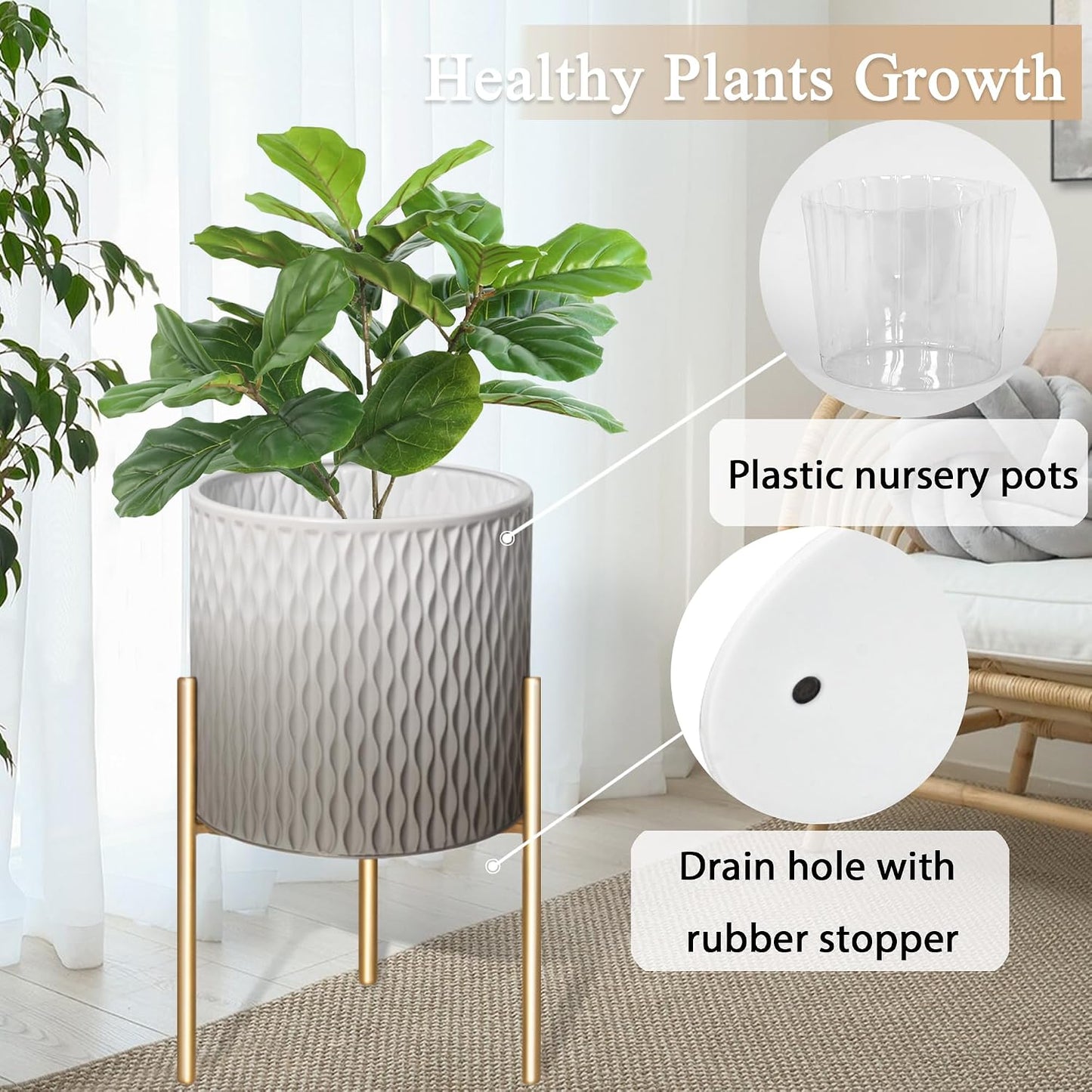 ARNIS Plants Pots with Stand,Set of 2 Flower Pots, Unique Mid Century Decorative Metal Flower Pots with