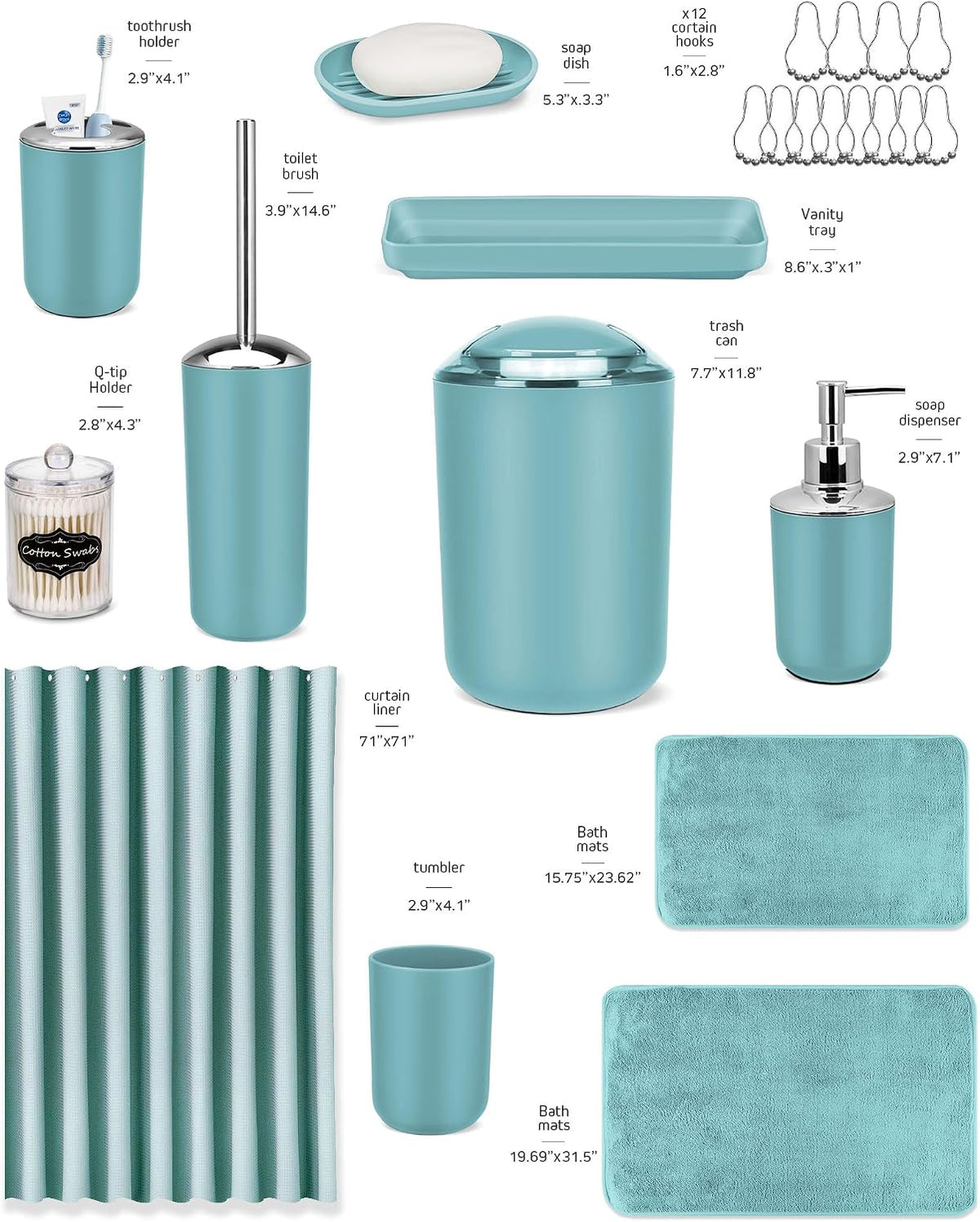 IMAVO Blue Bathroom Accessories,Non Slip Absorbent Bathroom Rugs and Waterproof Shower Curtain with Hooks,Complete