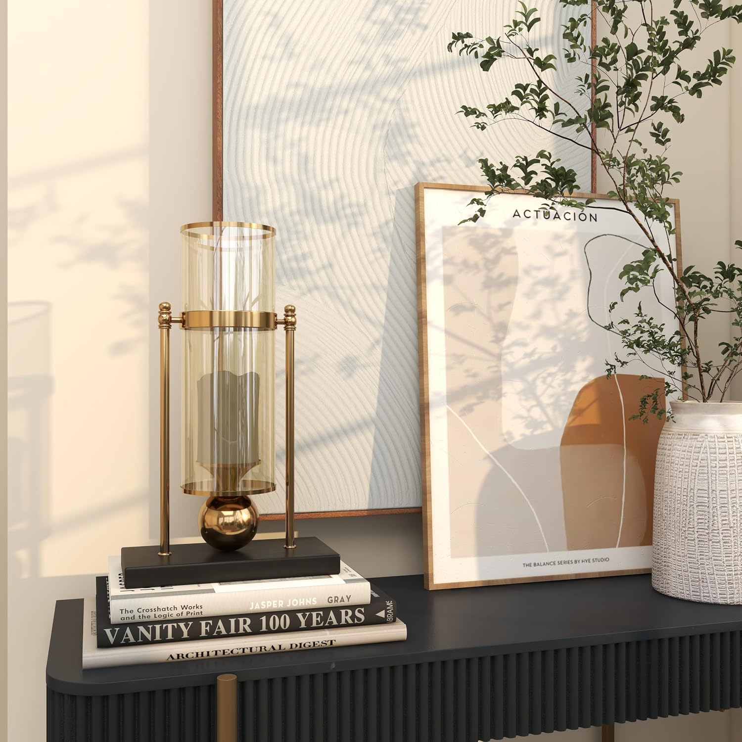 CosmoLiving by Cosmopolitan Metal Hurricane Lamp 10" x 5" x 17" | Warm table glow, candle stands with ball accent