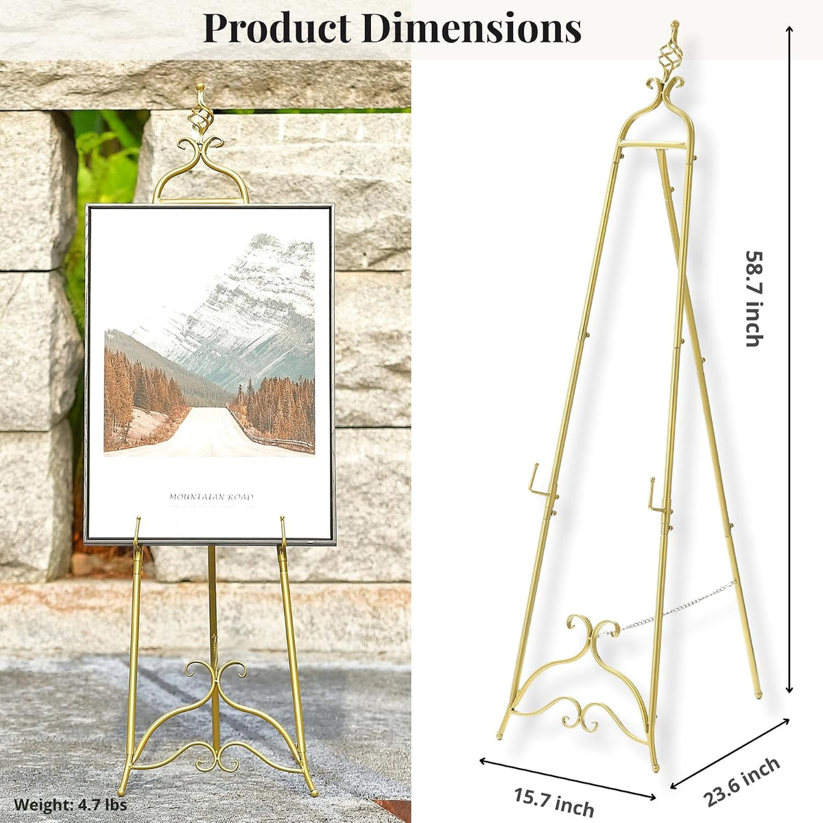 Gold Easel Stand for Sign 58.5” H Metal Large Adjustable | Display Standing for Displaying Pictures Wedding Poster