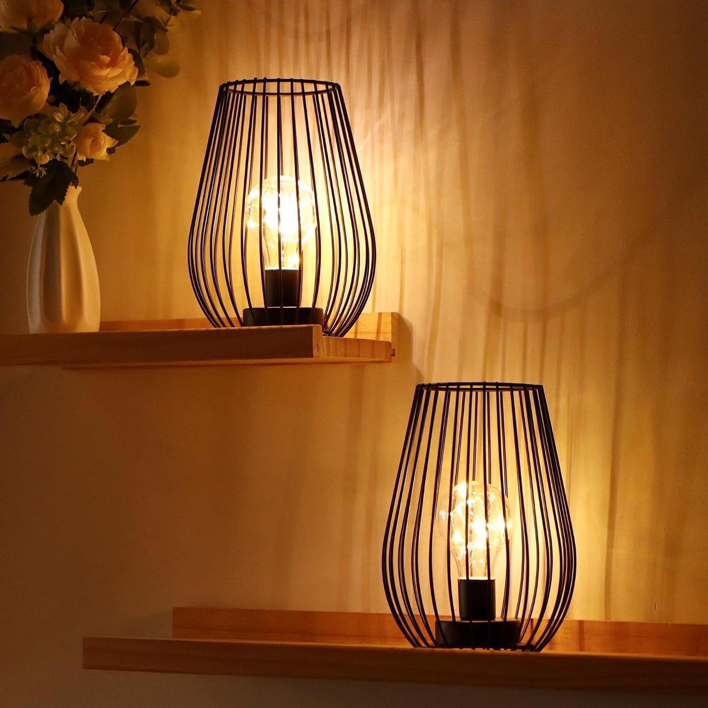 TRIROCKS Metal Cordless Table Lamp - 8'' Tall Set of 2 Cage Shape Battery Operated Lamp with Fairy Lights Bulb for