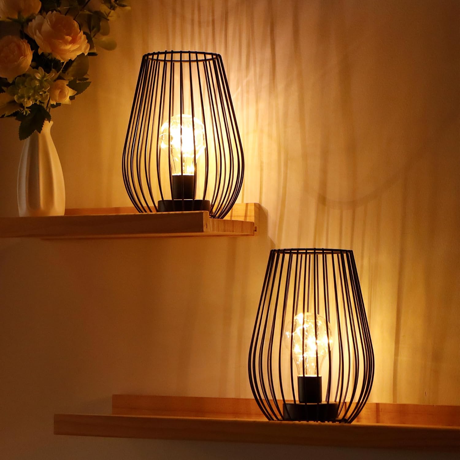 TRIROCKS Metal Cordless Table Lamp - 8'' Tall Set of 2 Cage Shape Battery Operated Lamp with Fairy Lights Bulb for