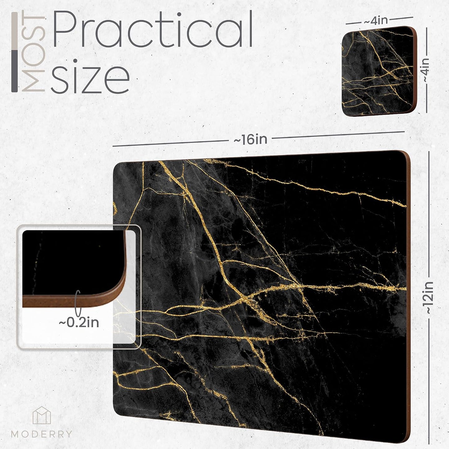 Heat Resistant Cork Placemats for Dining Table / Black & Gold Marble / Set of 4