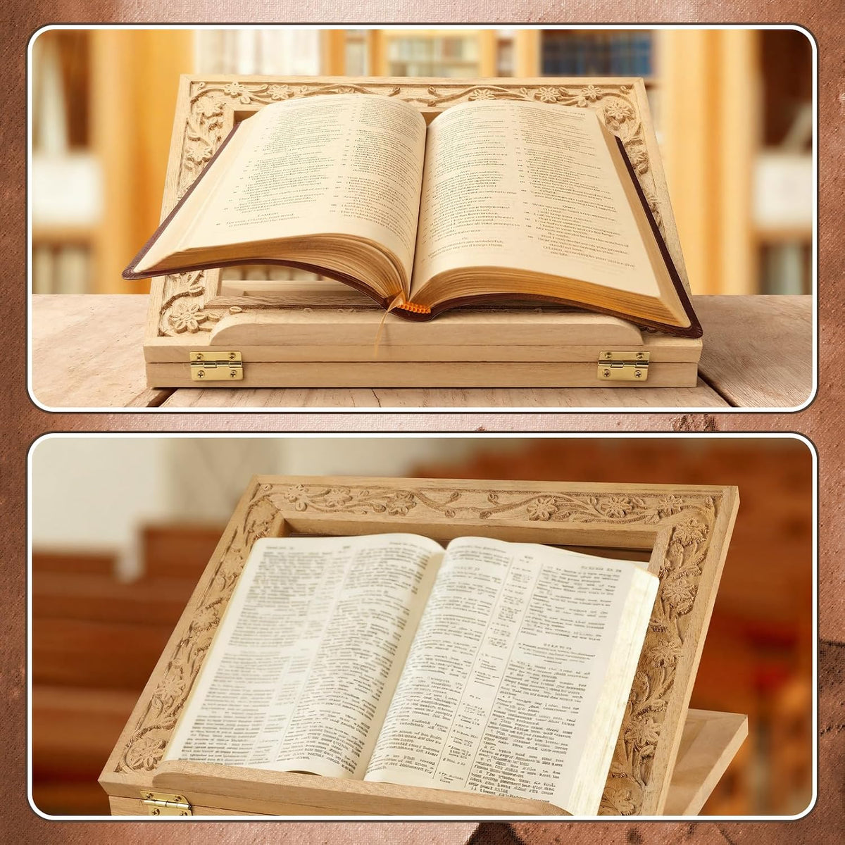 DoubleFill Adjustable Wooden Bible Stand Carved Folding Holder,Light Brown | 12.99x10.04 Inches, For Prayer Books