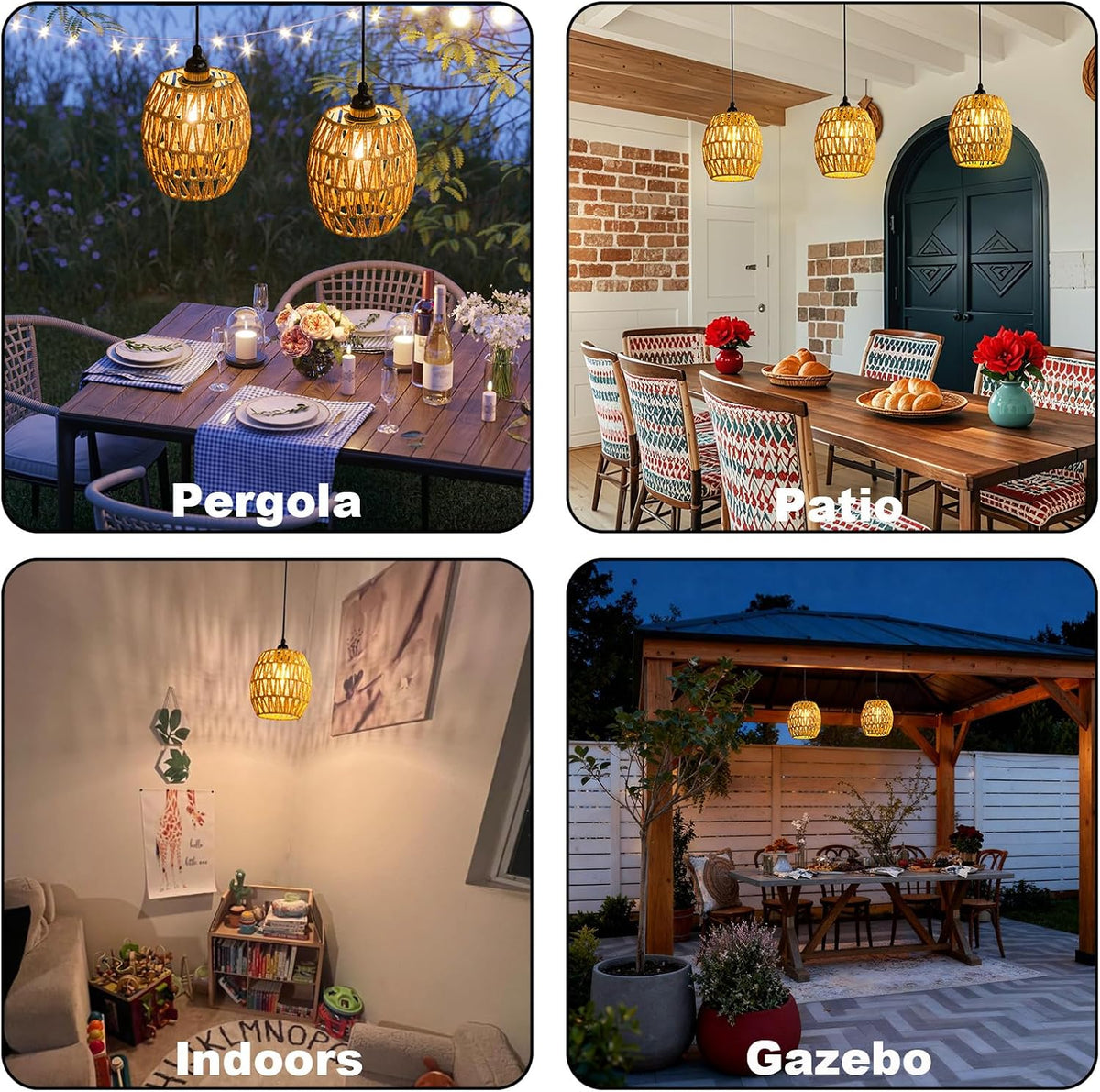 Battery Operated Chandelier, 2 Pack Natural Rattan Pendant Lights - Waterproof Outdoor Boho Hanging Lamps with