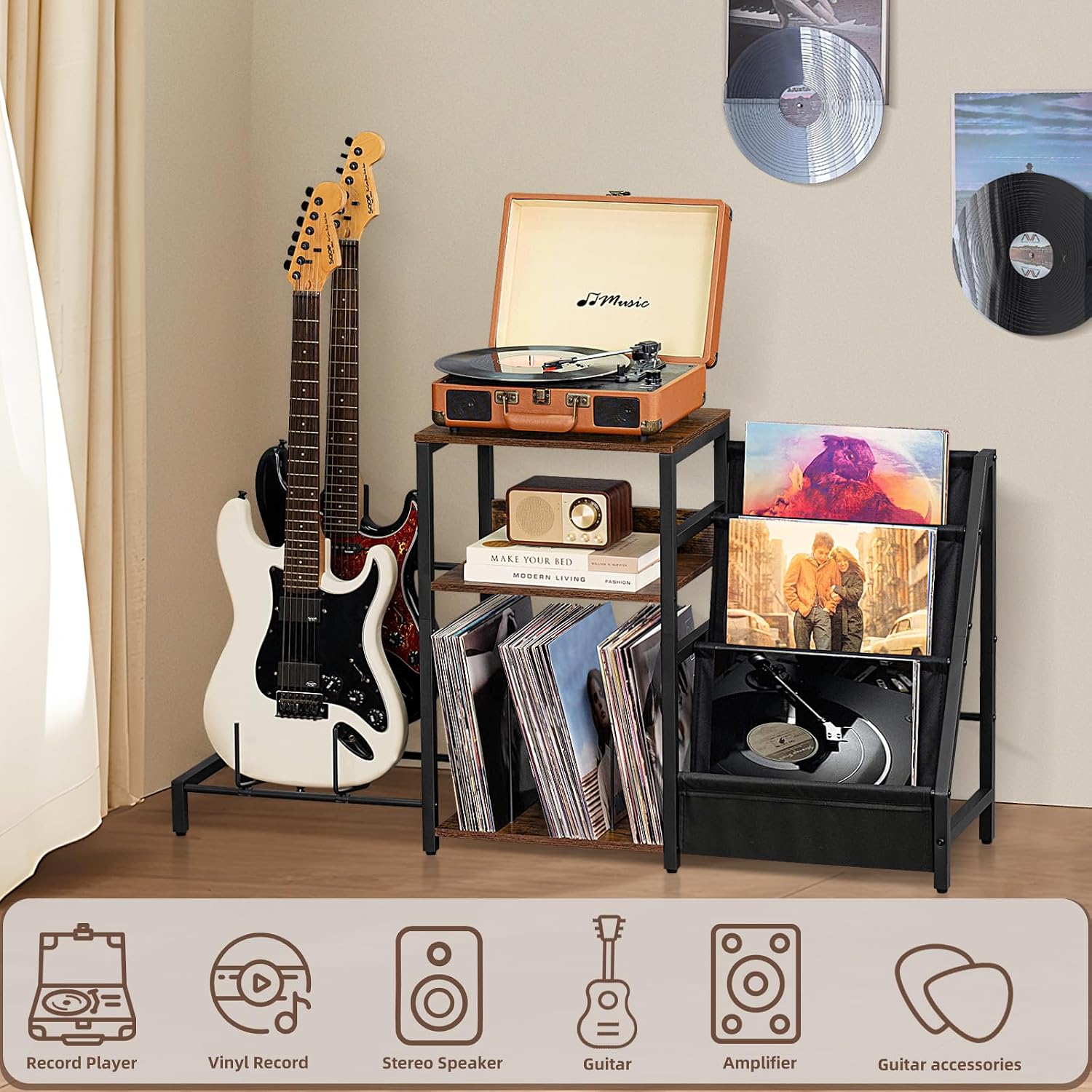 Record Player Stand, Adjustable Guitar Stand for Acoustic Guitar, Electric Guitar, Bass, Turntable Stand with Vinyl