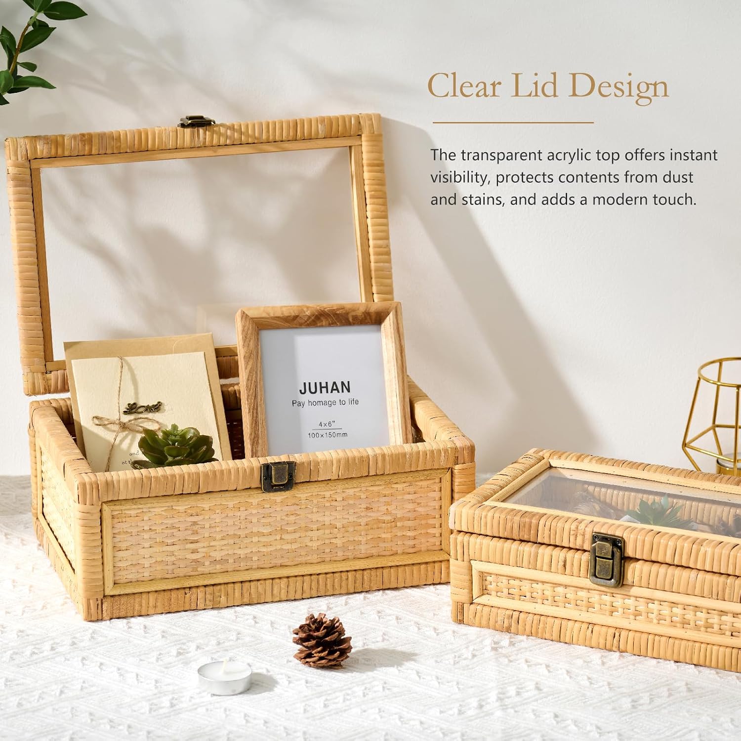 Clear Lid Wooden Frame Decorative Handmade Boho Woven Rattan Wicker Baskets Cane / Large / Natural