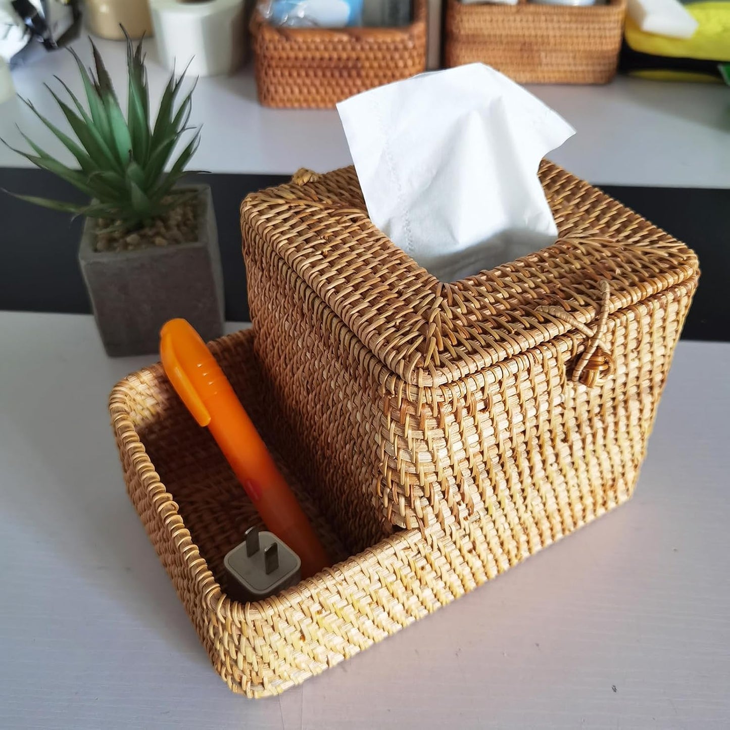 Decorative Square Rattan Tissue Box and Condiment Organizer / Natural Brown with Compartment / 6 x 6