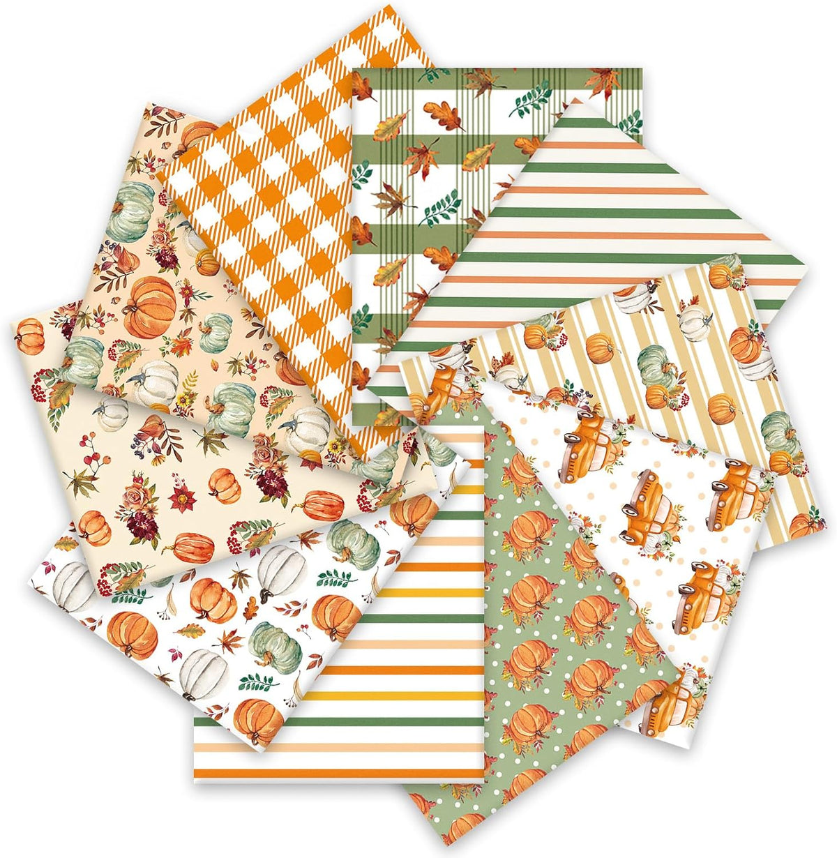 Whaline 10 Pcs Fall Cotton Fabric Bundles Pumpkin Truck Leaves Fat Quarters Green Orange Autumn Thanksgiving Quilting Patchwork for DIY Sewing Craft Decor, 18 x 22 Inch