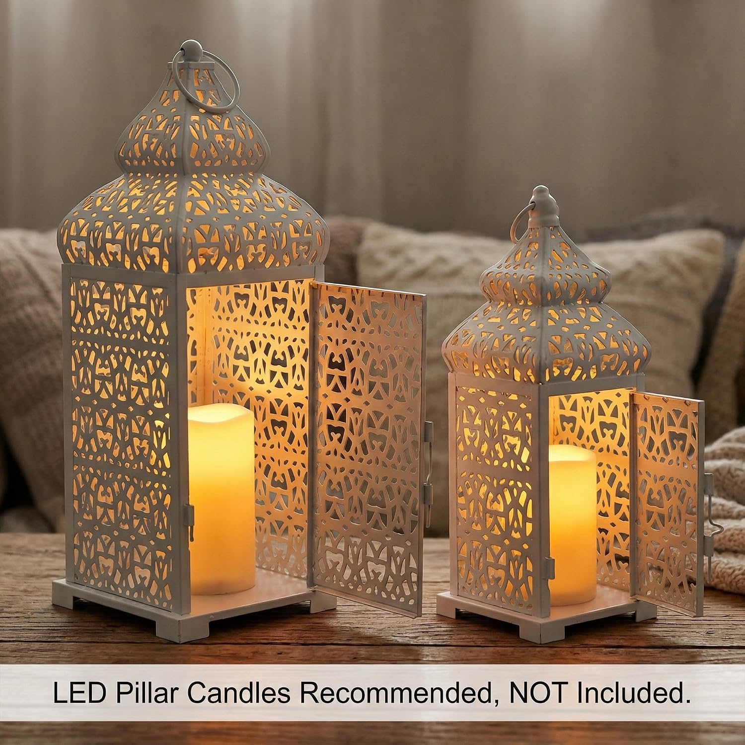 Vela Lanterns Decorative Indoor Moroccan Candle Holders, White, Set of 2 | White Wedding Centerpieces, Ramadan
