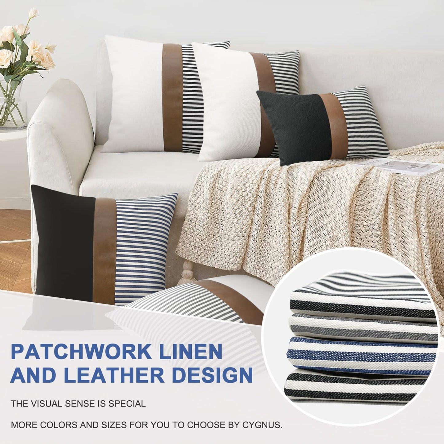 Modern Tan Faux Leather Accent Pillow Covers / Black Linen and Grey Stripe / 18 x 18 / Set of 2