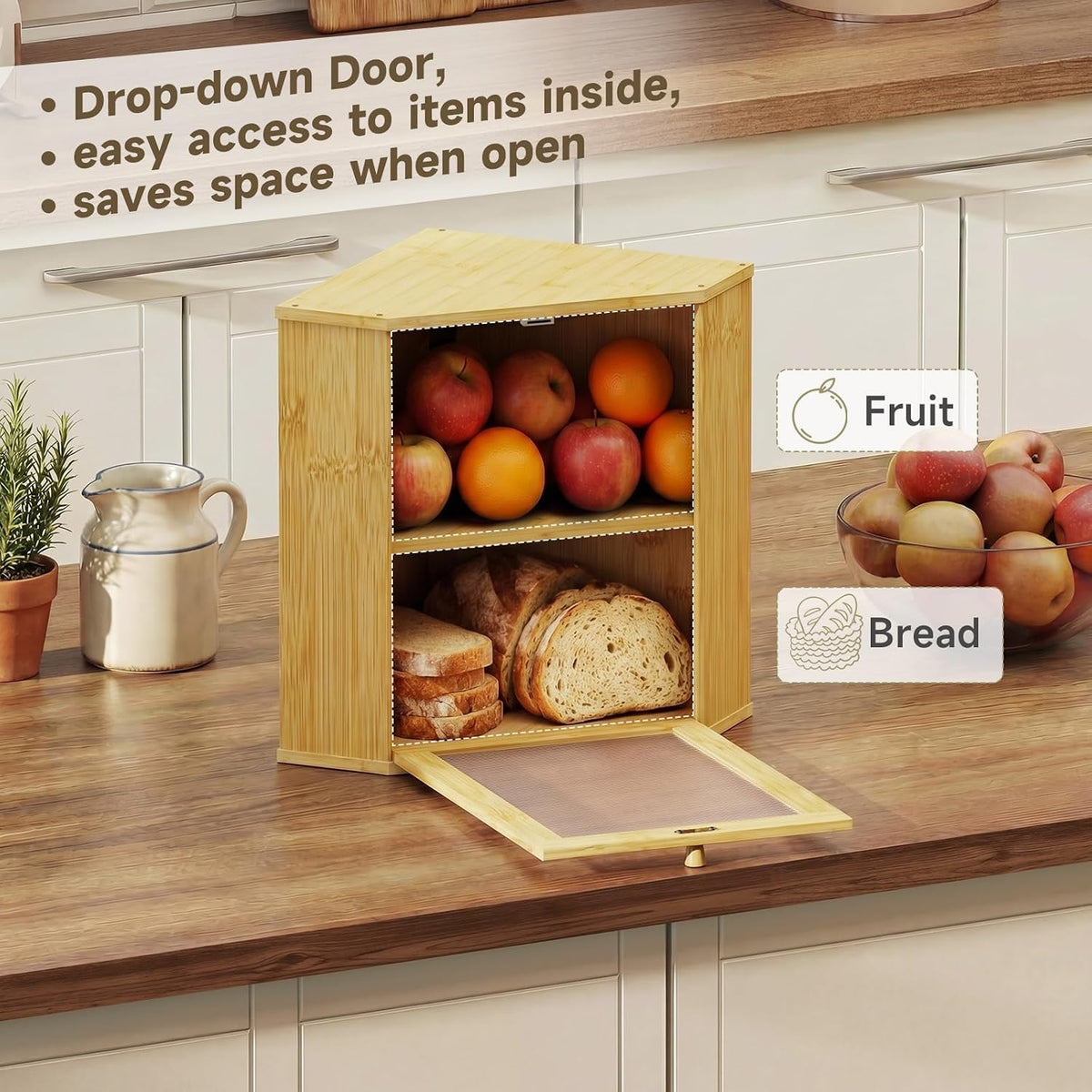 Bread Box for Kitchen Corner Countertop,Large Bread Basket(Natural,X-Large) | Double Layer Bamboo Bread Storage