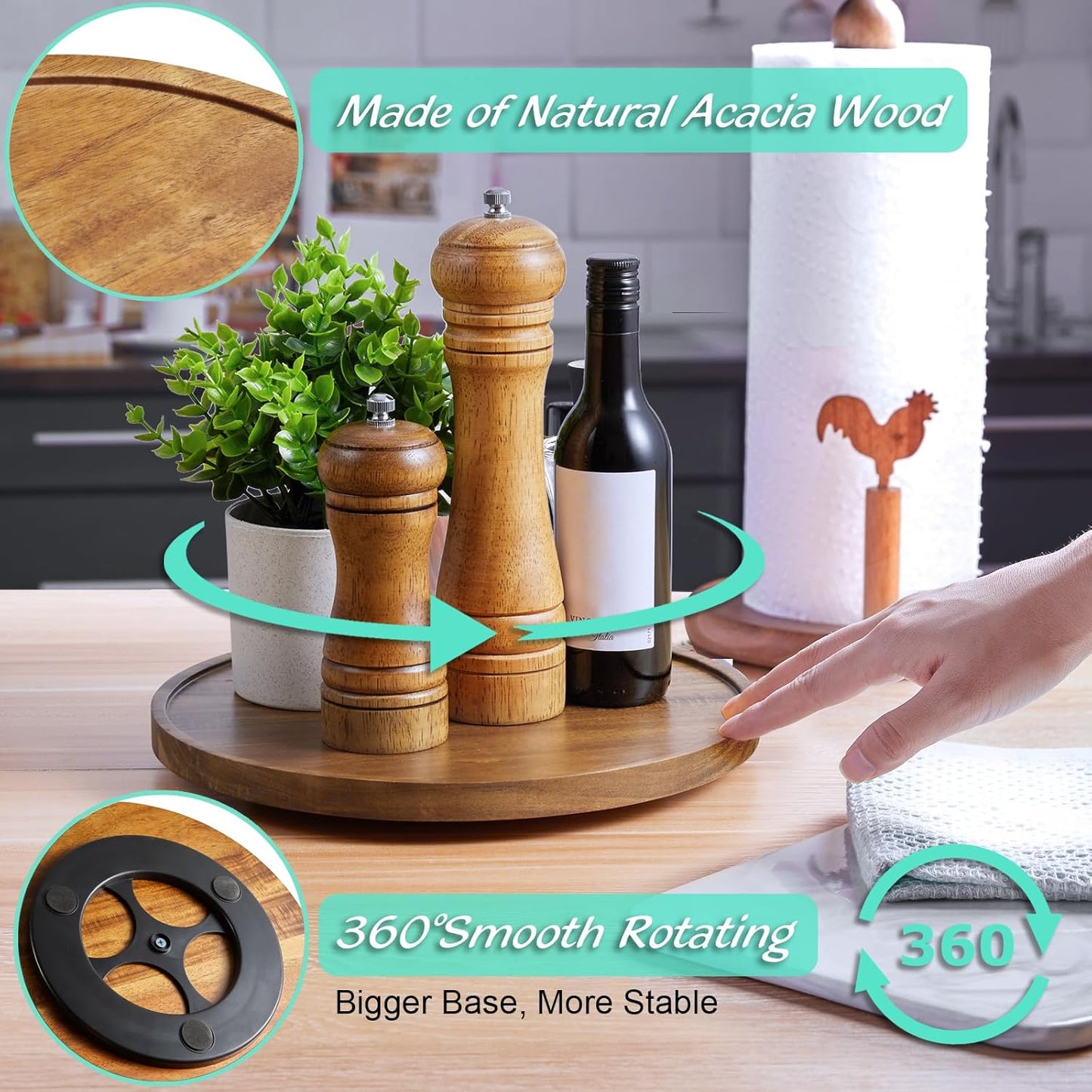 10" Wood Lazy Susan Turntable Organizer for Cabinet / Acacia / 10" with Low Rim