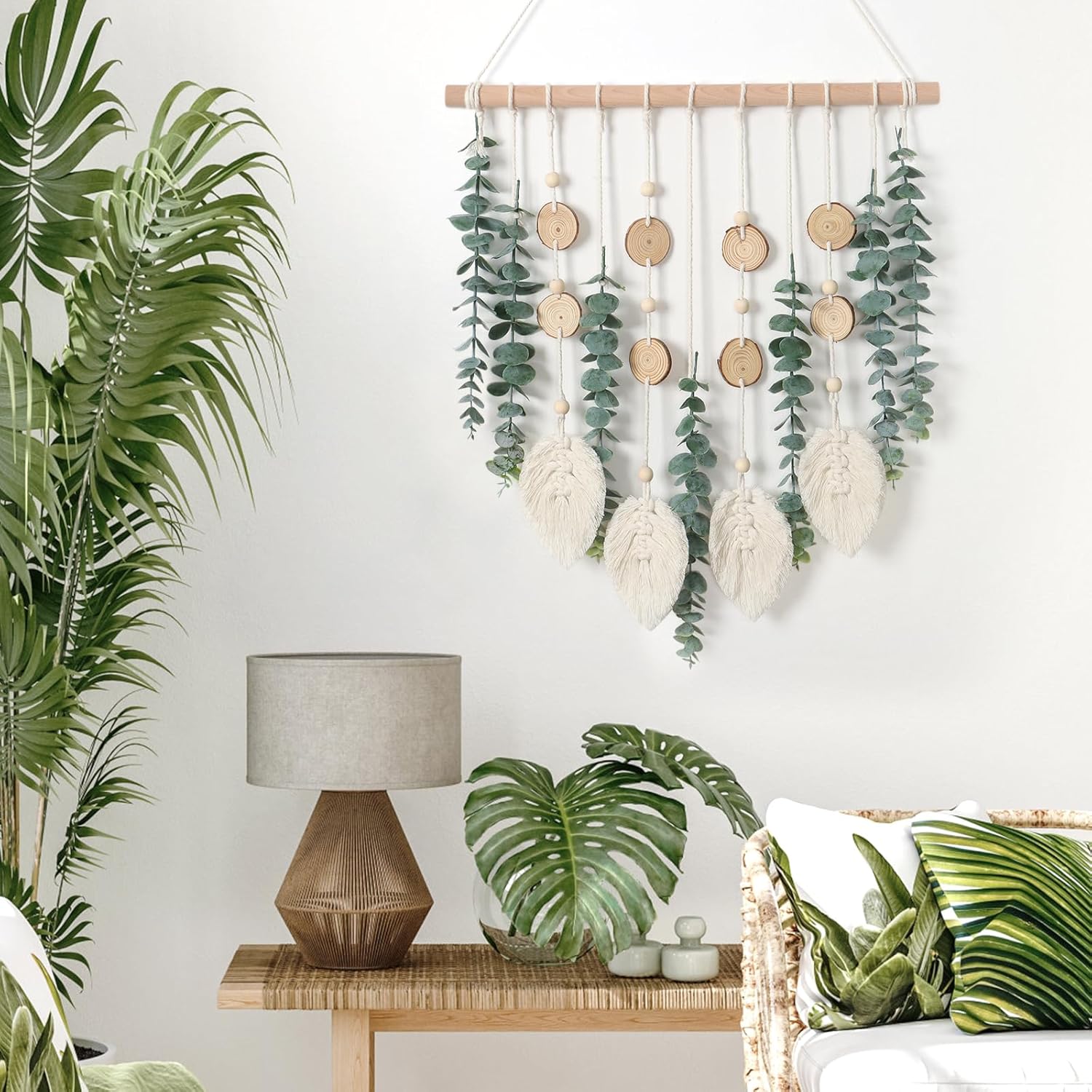 Fake Eucalyptus Stems Plants Wooden Stick Macrame / Green Eucalyptus with Macrame Leaves