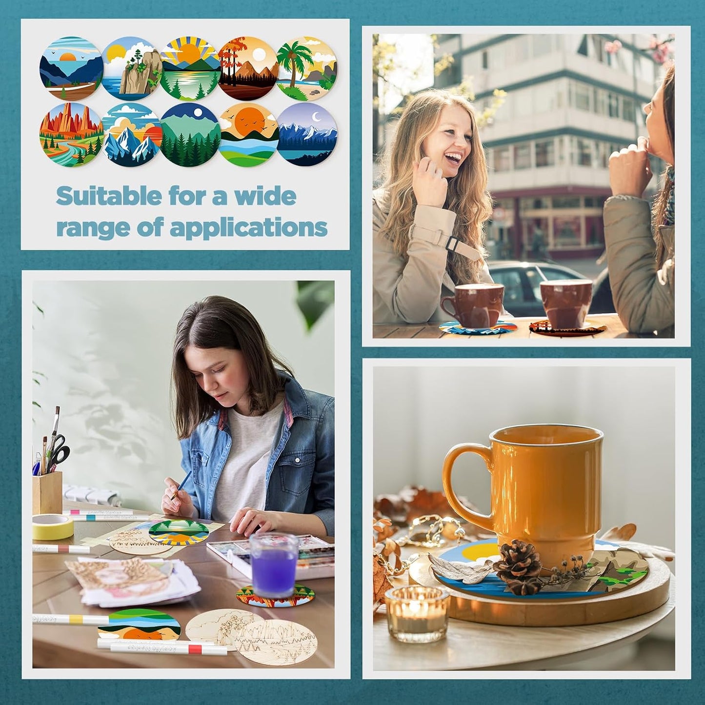Wooden Coasters Painting Kit / Landscape / 4 Inch / Set of 45