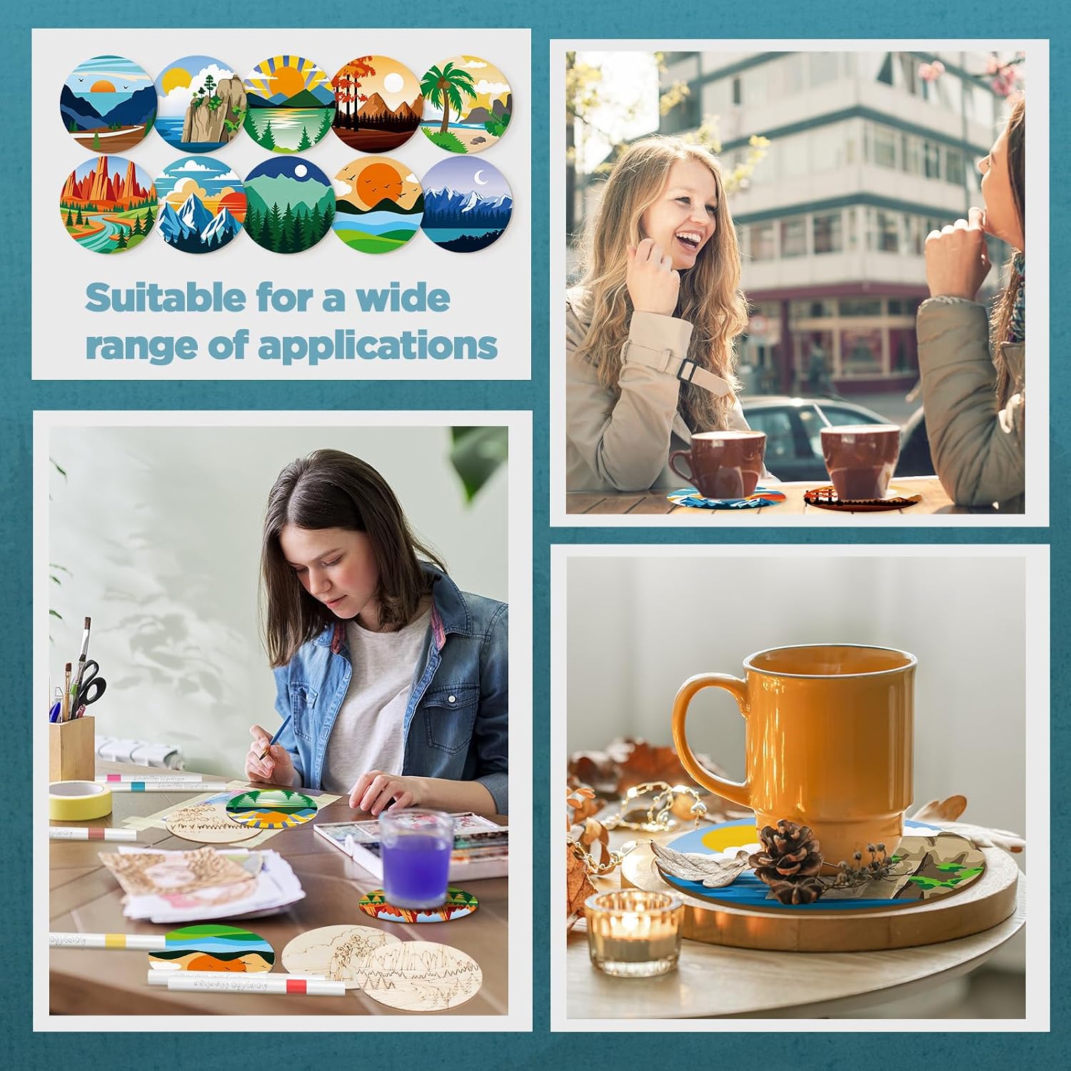 Wooden Coasters Painting Kit / Landscape / 4 Inch / Set of 45