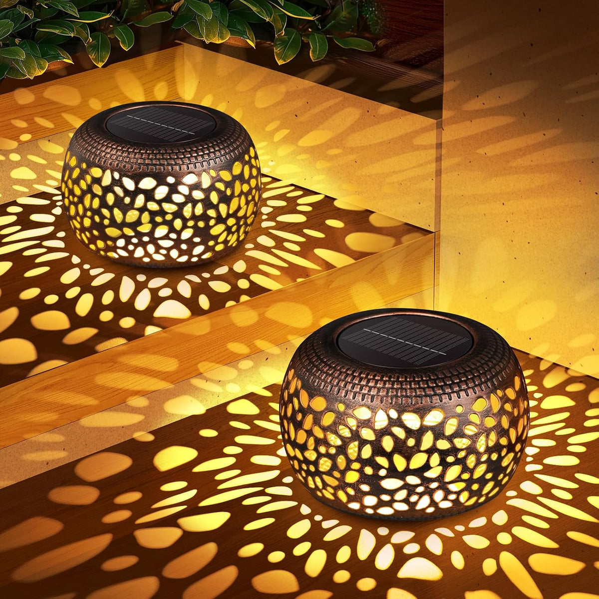 Solar Lanterns Outdoor Waterproof: 2 Pack Red Copper Metal Garden Lights | IP65 Hollow Out Vintage Table Solar Lights