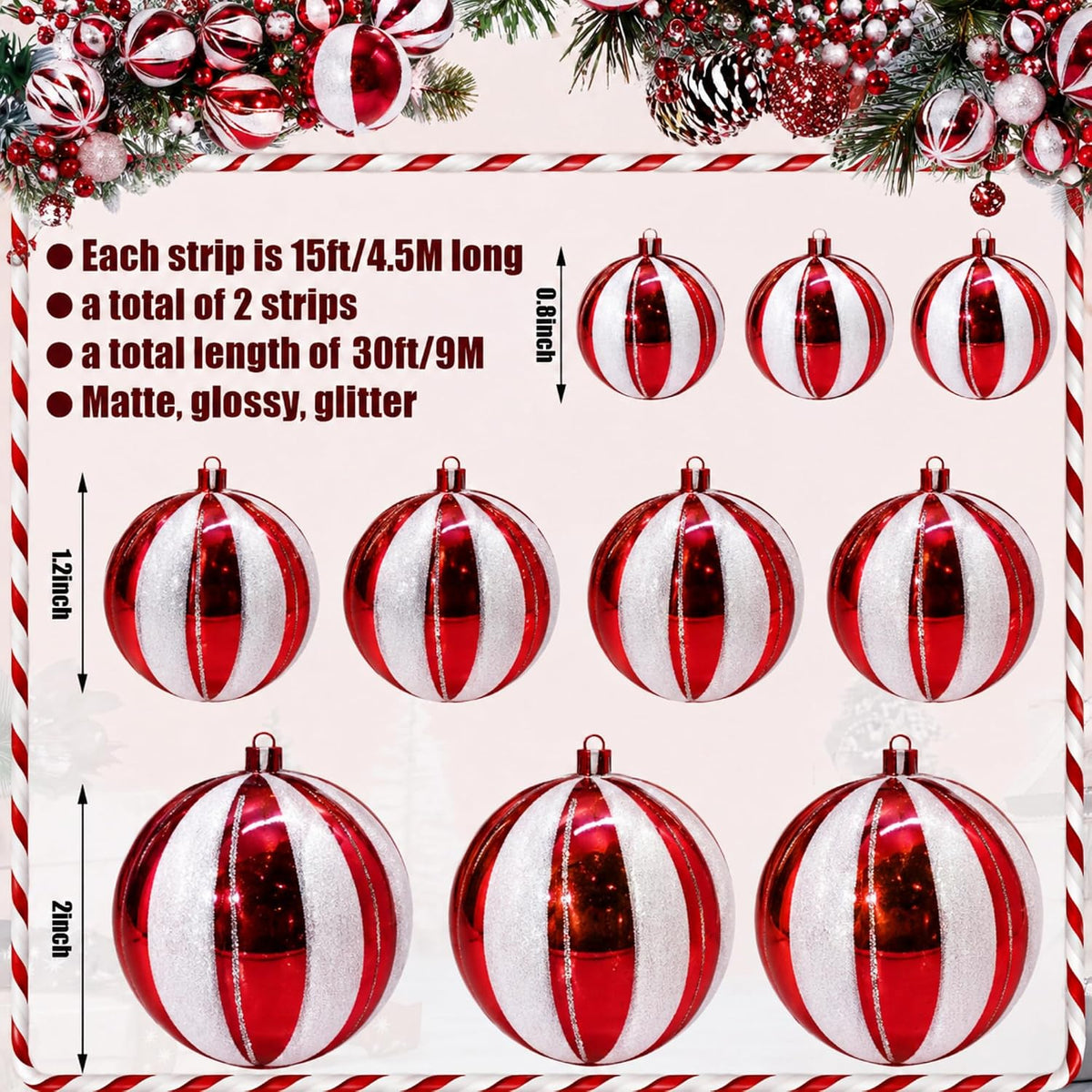2 Pcs 6 ft Christmas Ball Ornament Garland, Candy | Bauble Bulb Christmas Tree Ball Decoration Shatterproof Ornaments