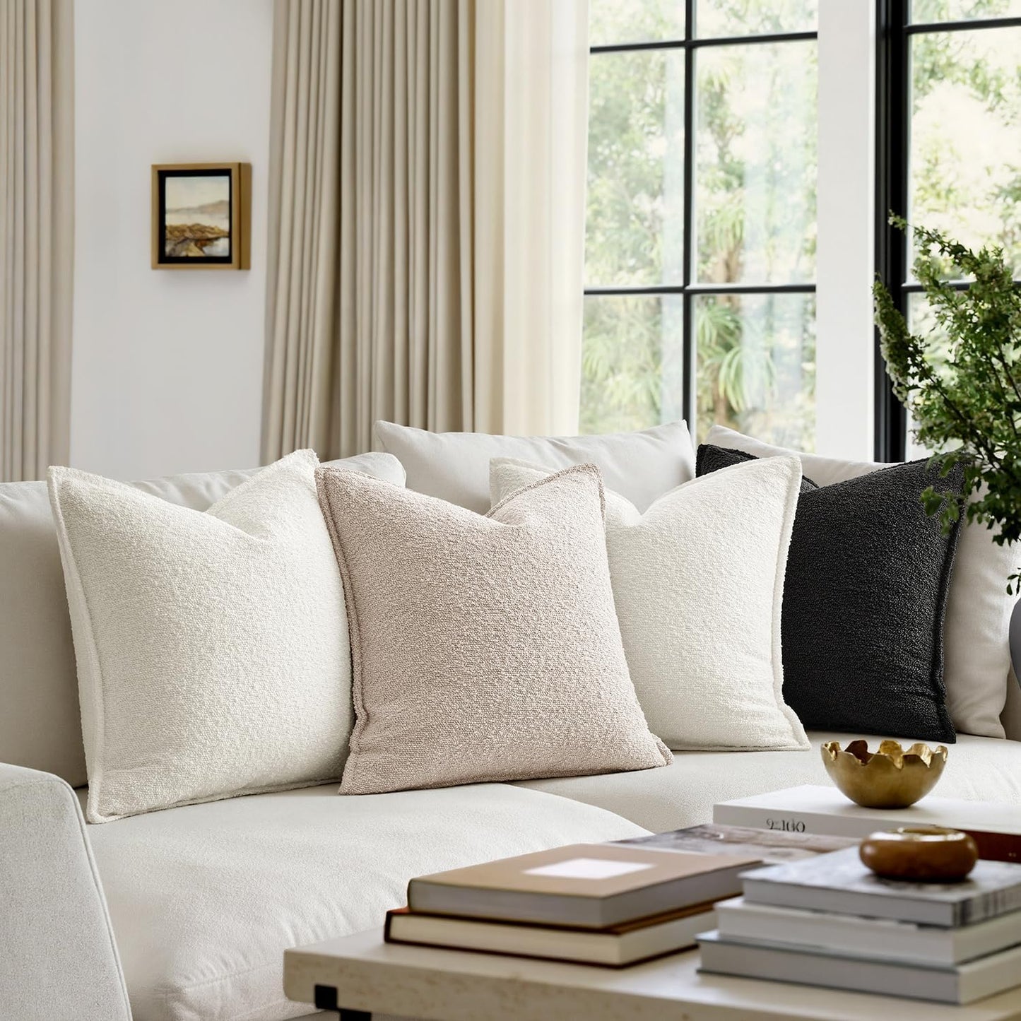 Decorative Textured Boucle Throw Pillow Covers Broadside Thick / 18 x 18 / Natural Beige / Set of 2