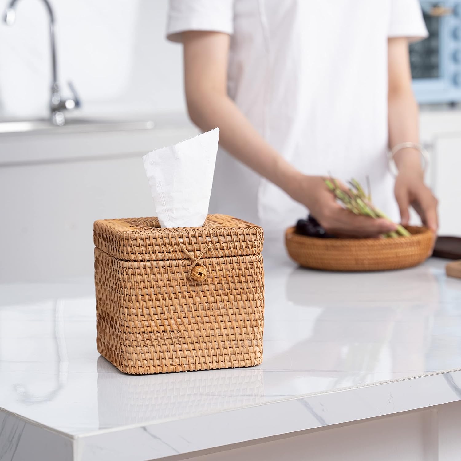 Rattan Square Tissue Box Cover- "-Decorative Woven Facial Tissue Holder / Yellow / 5.7 x 5.7 x 5