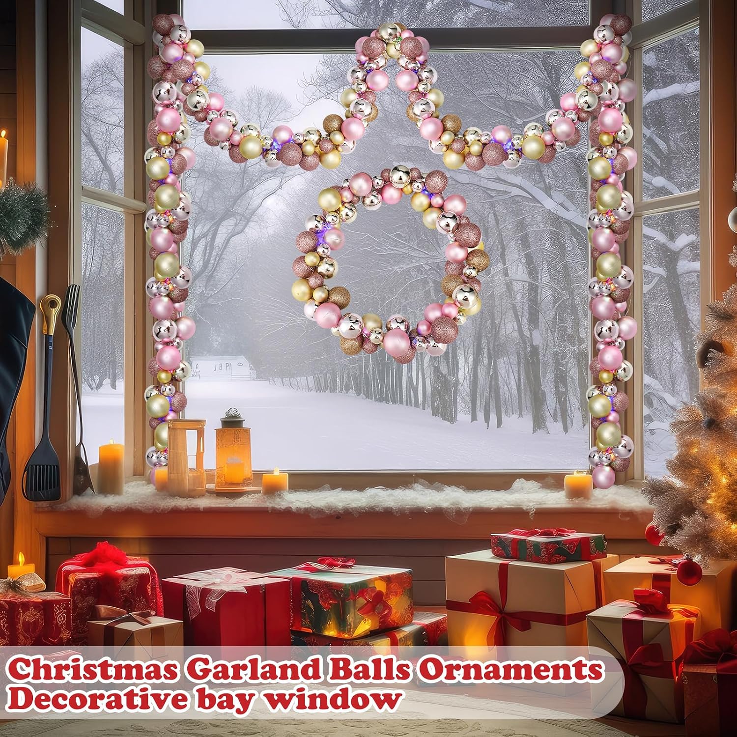 2 Pcs Christmas Balls Garland 6 ft Hanging Ornaments Xmas Balls Decorations with 2 Pcs 10 Feet LED Lights Indoor