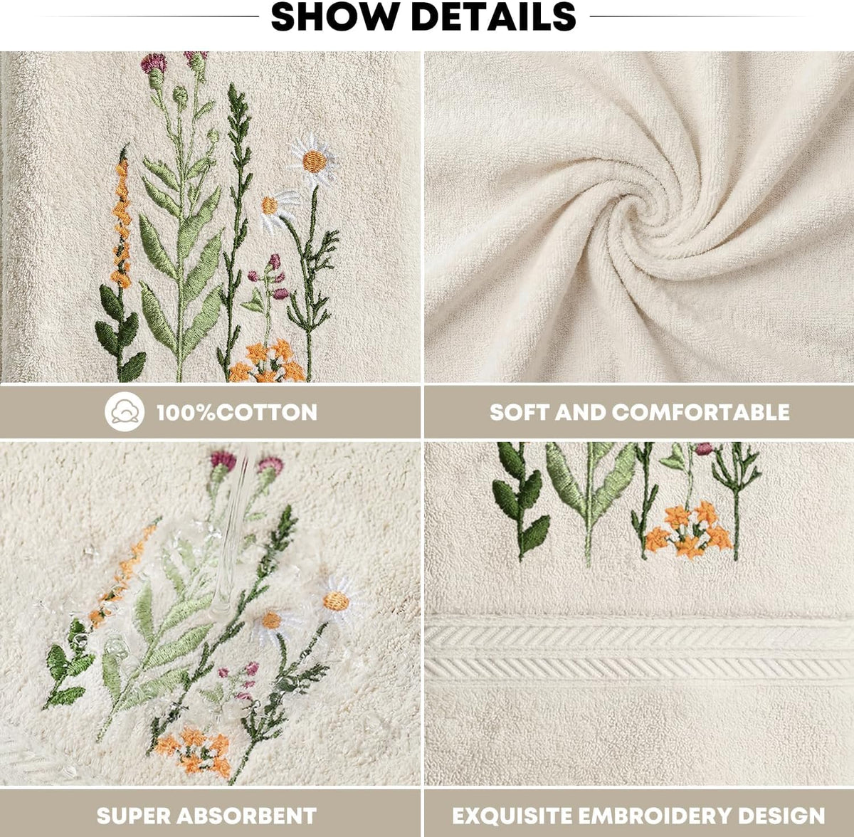 Artoid Mode 2 Pcs Beige Wildflower Floral Embroidered Hand Towels for Bathroom, 100% Cotton Soft Absorbent Farmhouse